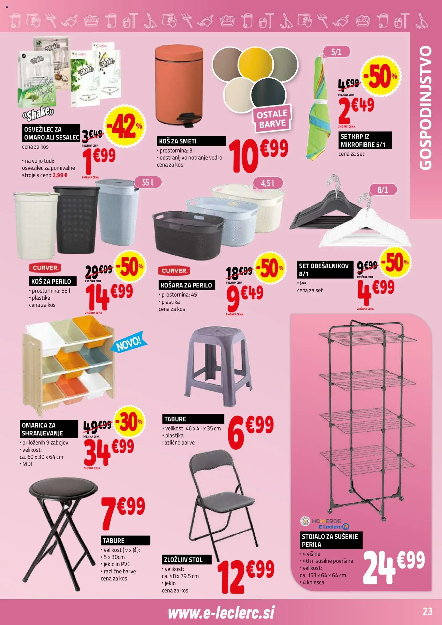 Novi E.leclerc katalog ponudbe – veljaven od 02.09.2026 | Stran: 23 | Izdelki: Sesalec, Košara, Koš za perilo, Tabure