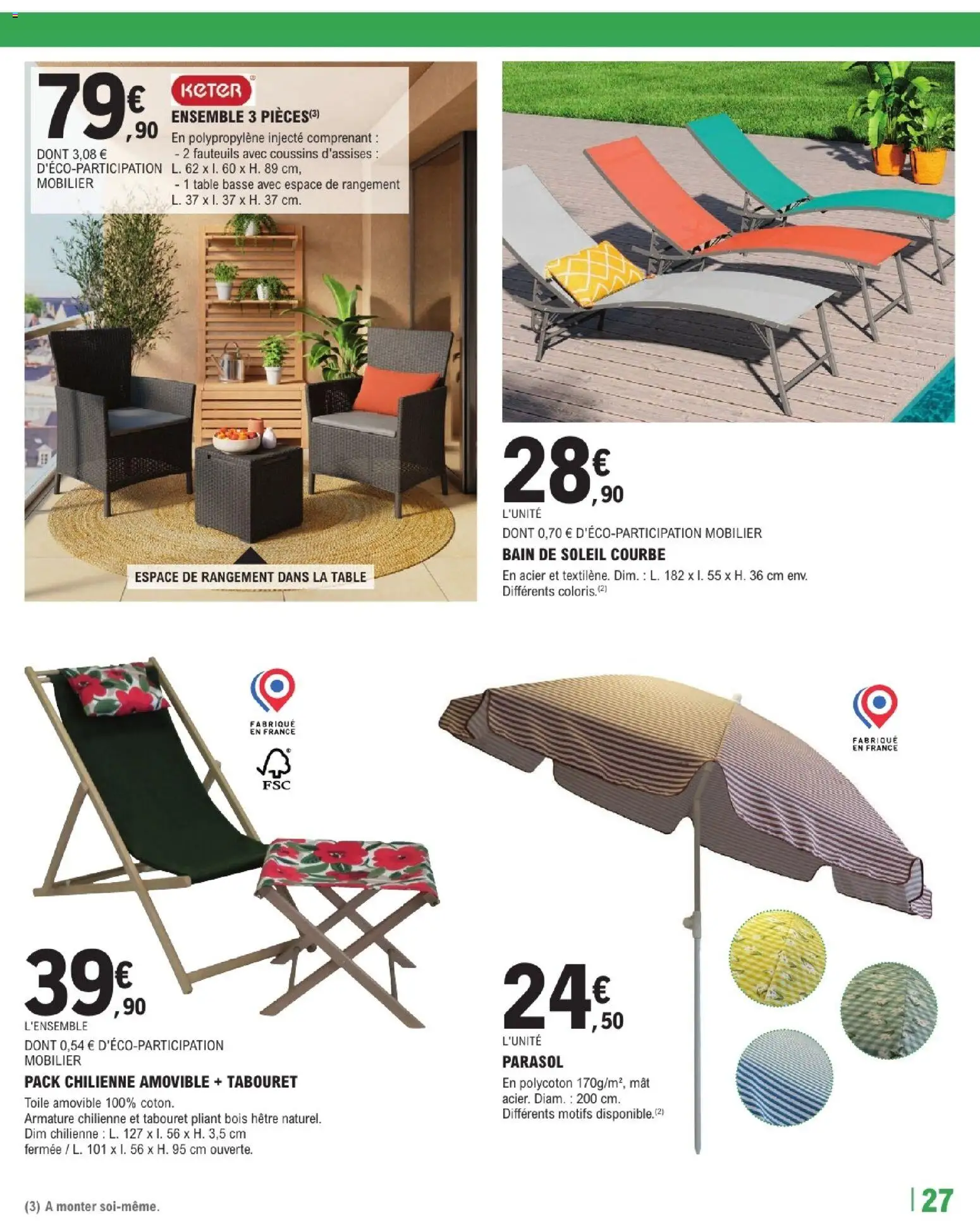 {H1} | Page: 27 | Produits: Bain de soleil, Table basse, Chilienne, Parasol