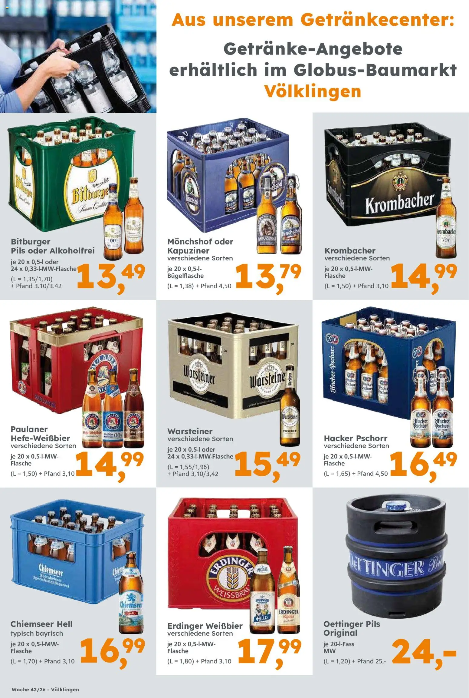 Globus Baumarkt Prospekt Saarbrücken – gültig ab 12.10.2026 | Seite: 12 | Produkte: Erdinger, Weißbier, Warsteiner, Krombacher