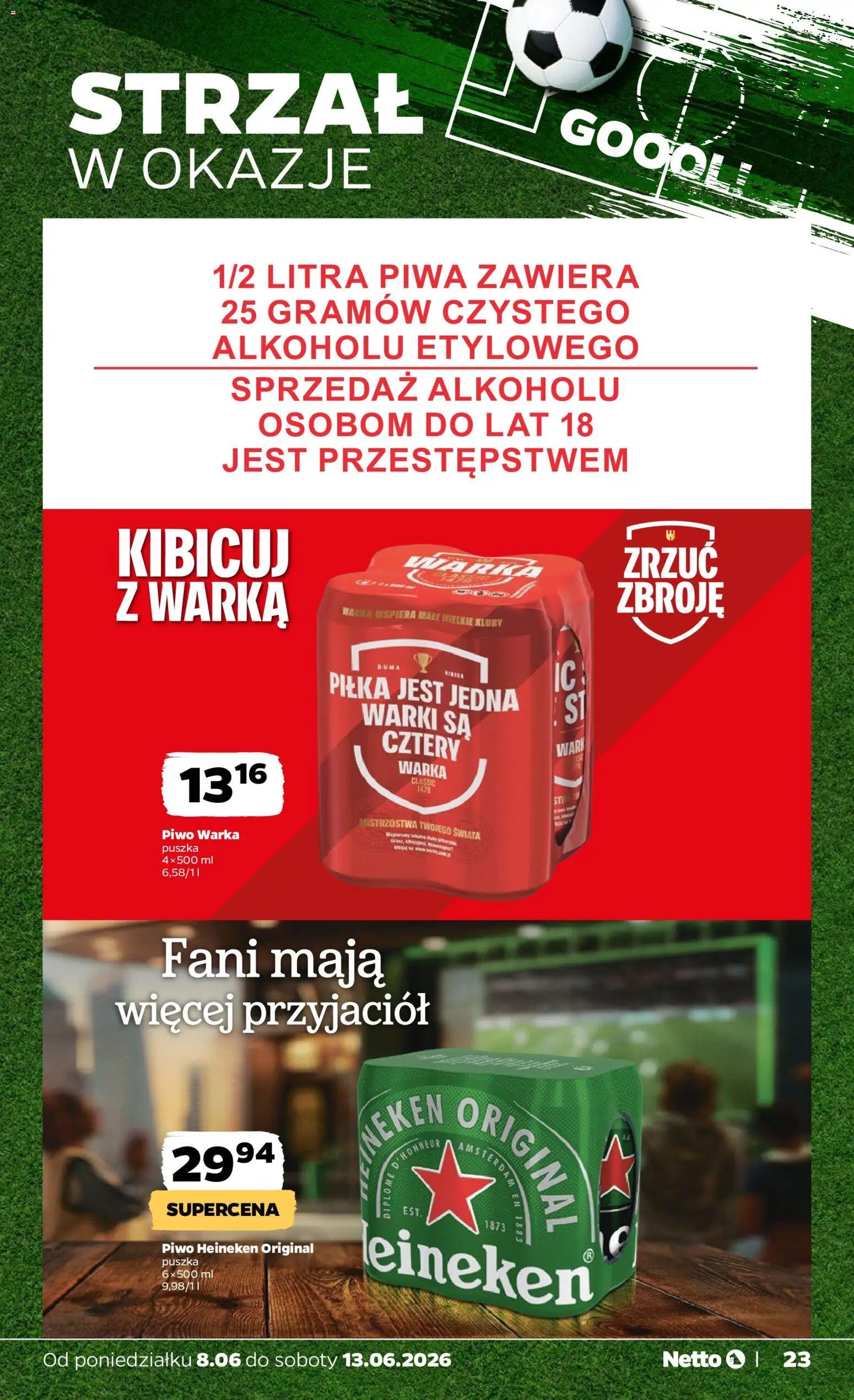 Netto gazetka od poniedziałku spożywcza od 08.06.2026 | Strona: 23 | Produkty: Warka, Piwo Warka, Piwo, Heineken