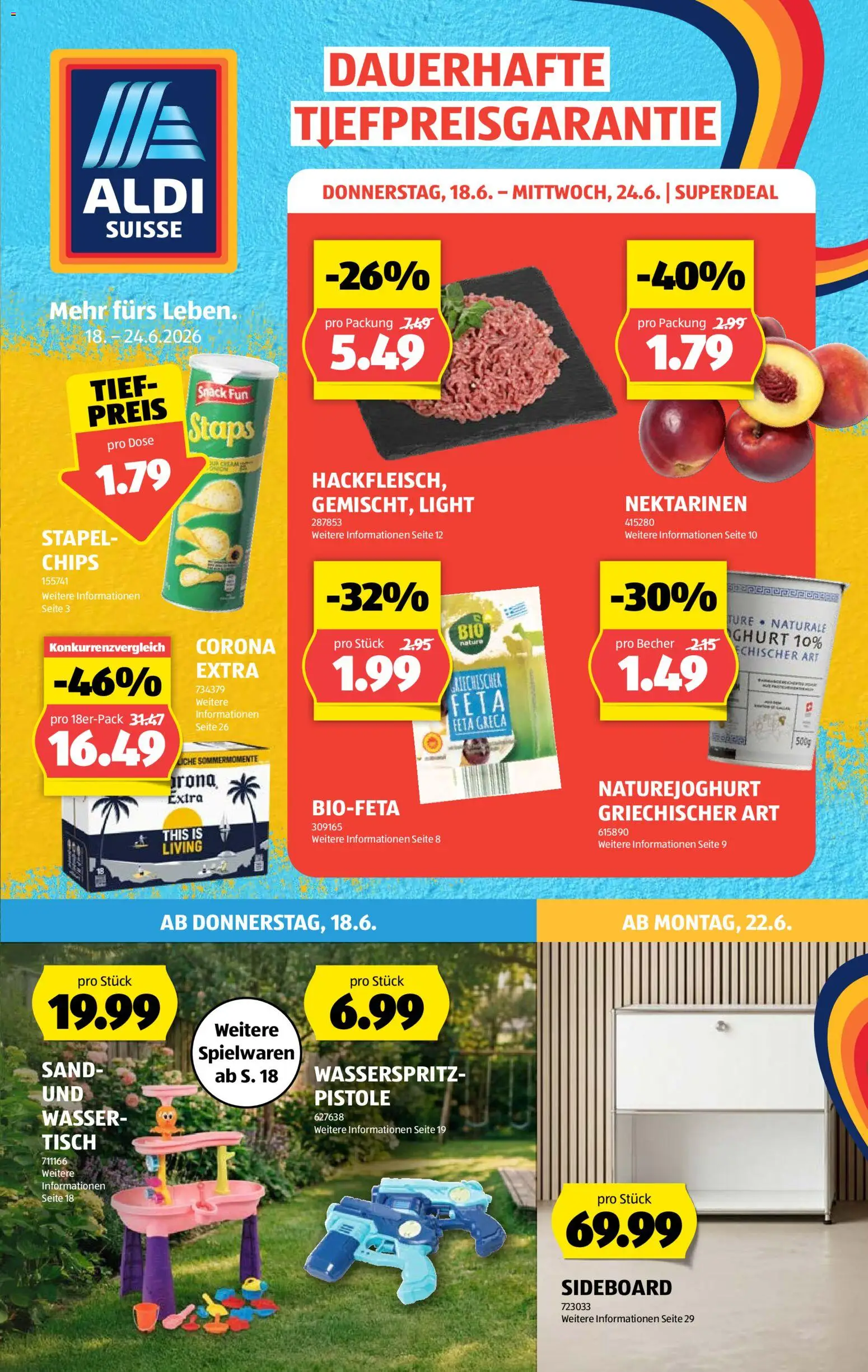 Aldi aktionen – gültig ab 18.06.2026 | Seite: 1 | Produkte: Tisch, Feta, Chips, Sideboard