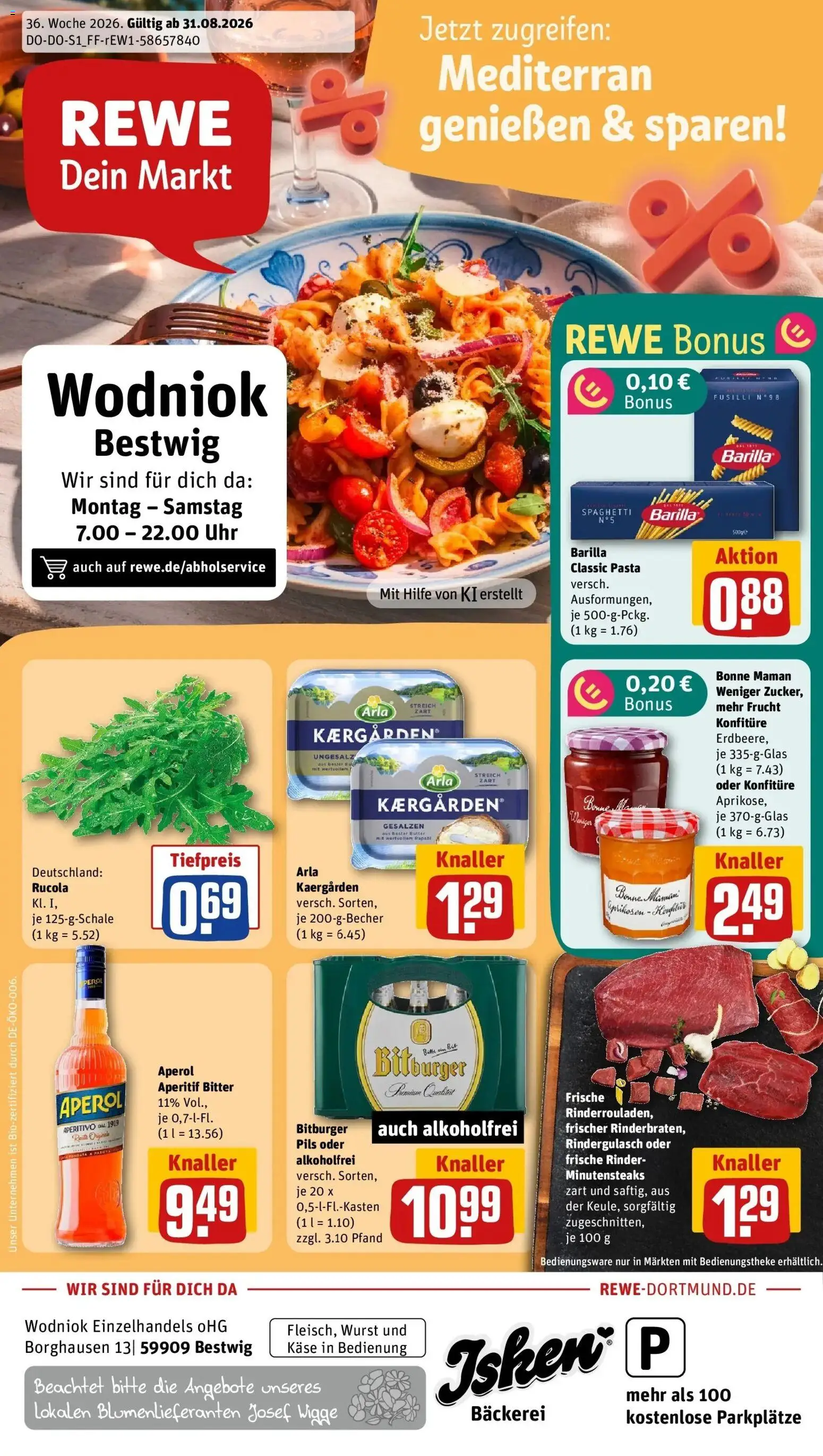 REWE Prospekt ab 31.08.2026 zum Blättern » Angebote | Seite: 1 | Produkte: Rindergulasch, Bäckerei, Käse, Uhr