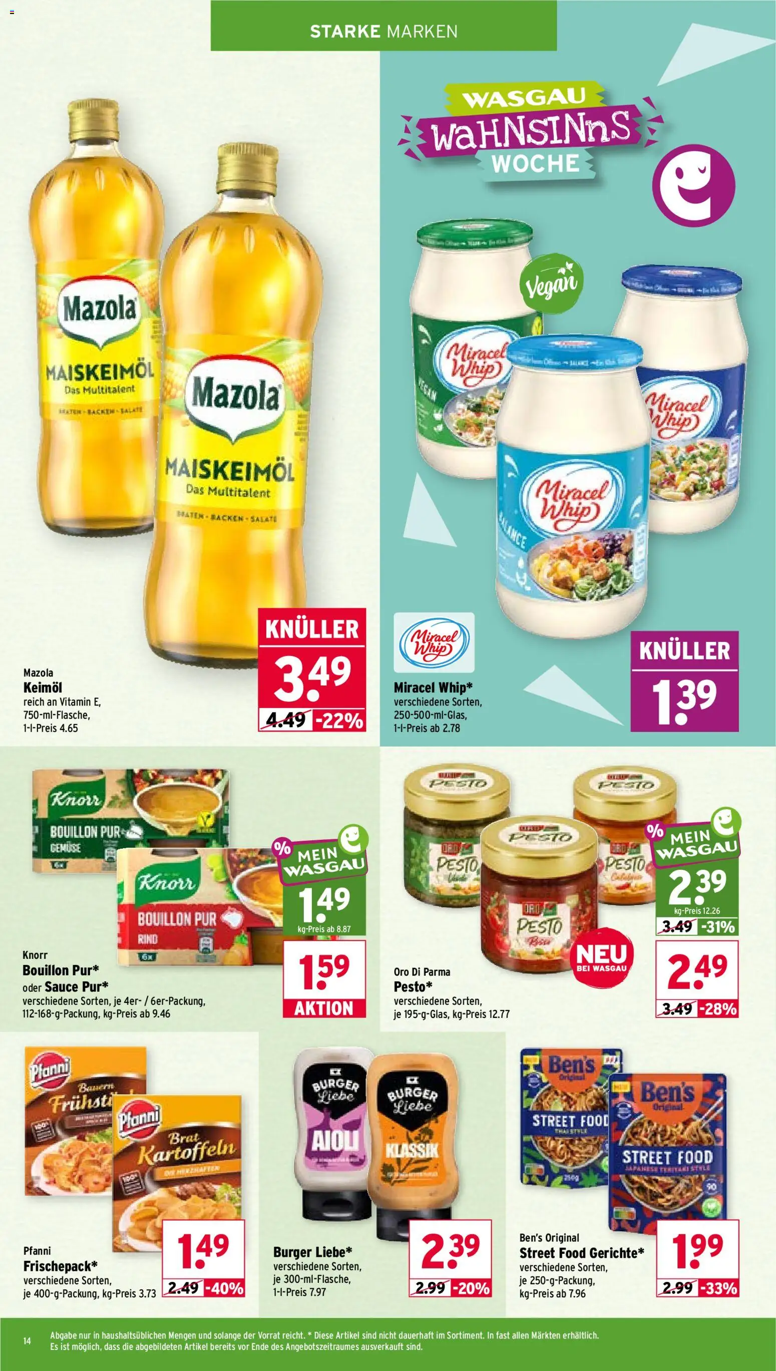 Wasgau Prospekt – gültig ab 27.07.2026 | Seite: 14 | Produkte: Burger, Knorr, Oro di parma, Gemüse
