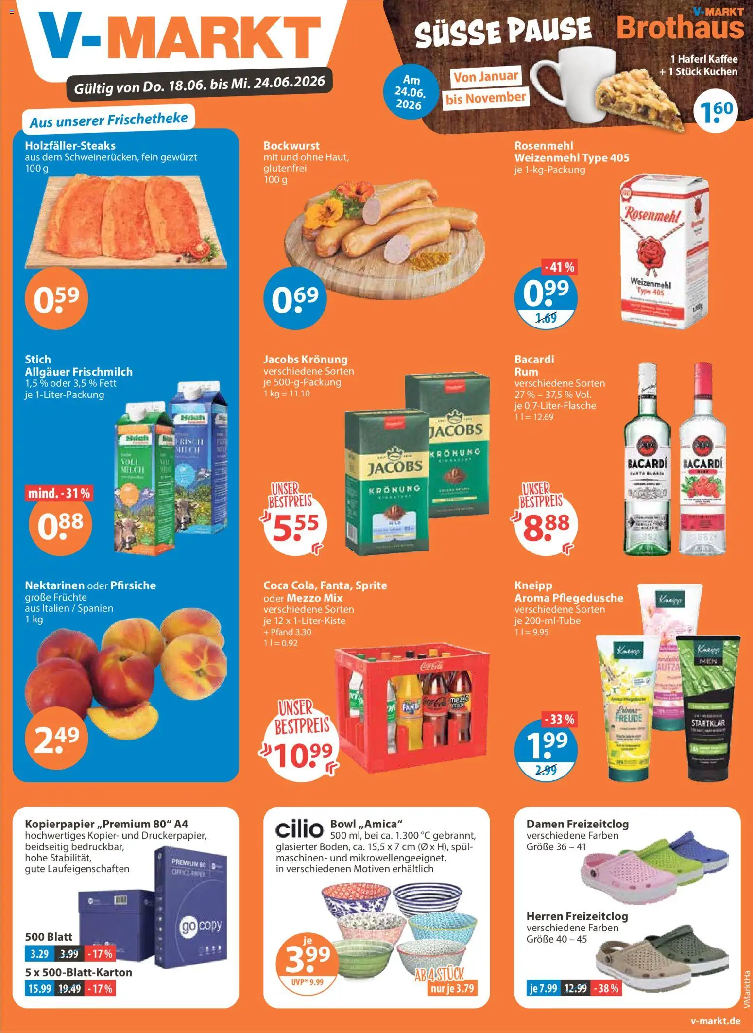 V-Markt Angebote – gültig ab 18.06.2026 | Seite: 1 | Produkte: Bockwurst, Bacardi, Sprite, Kaffee