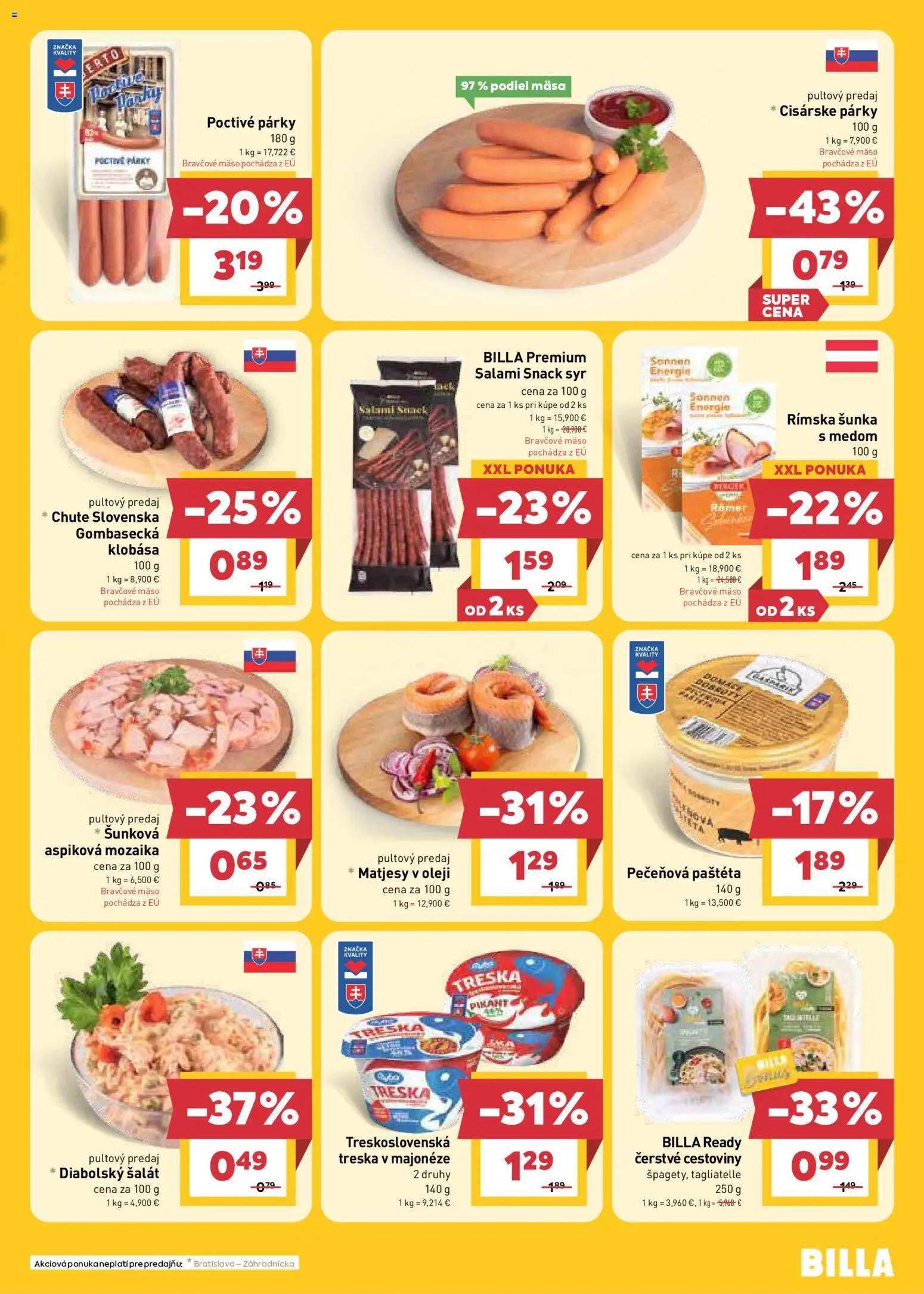 Nové Billa akcie – leták je platný od 22.07.2026 | Strana: 7 | Produkty: Klobása, Mäso, Bravčové mäso, Paštéta