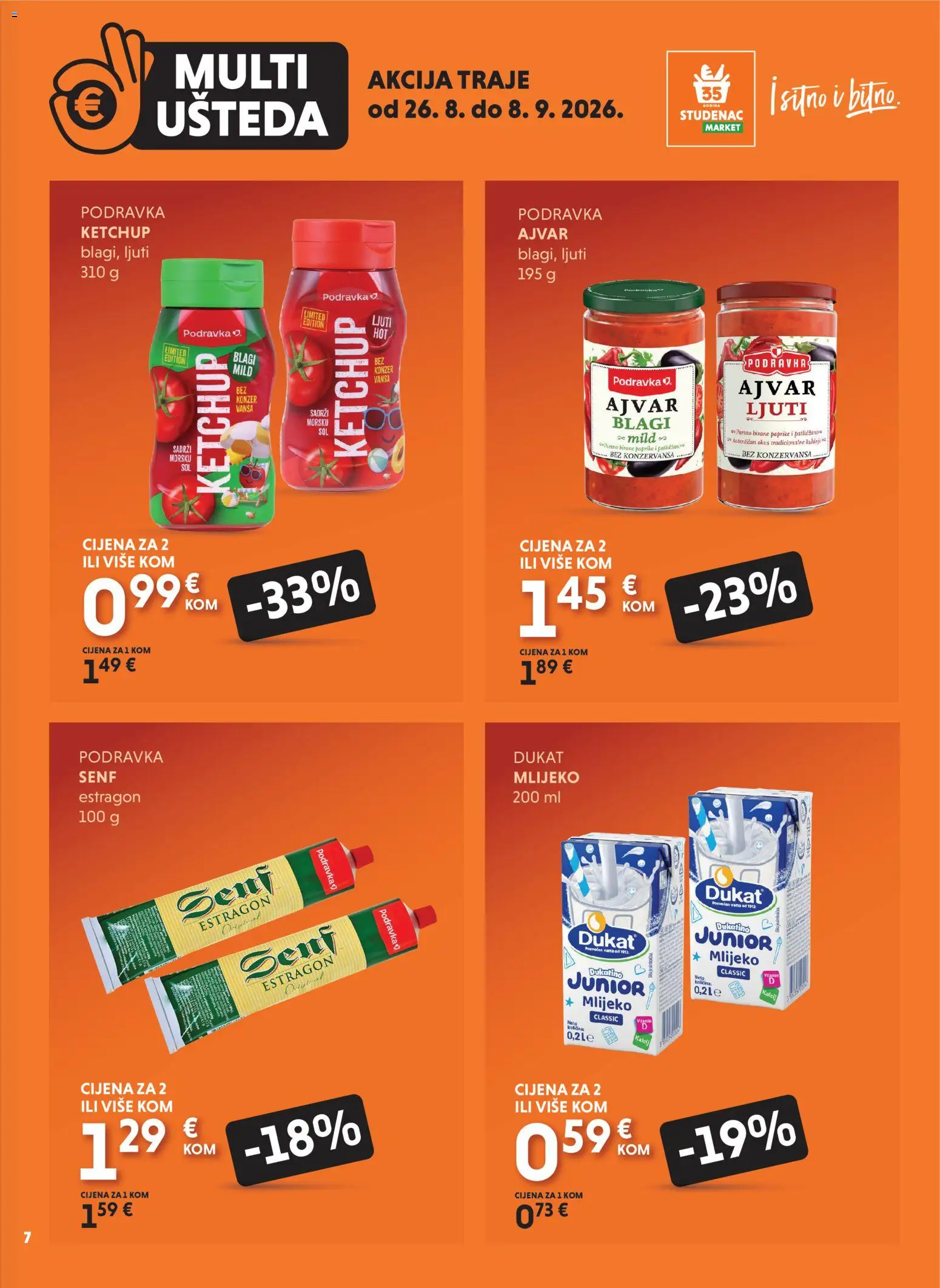 Studenac katalog | vrijedi od 26.08.2026 | Stranica: 7 | Proizvodi: Mlijeko, Podravka, Ajvar, Senf