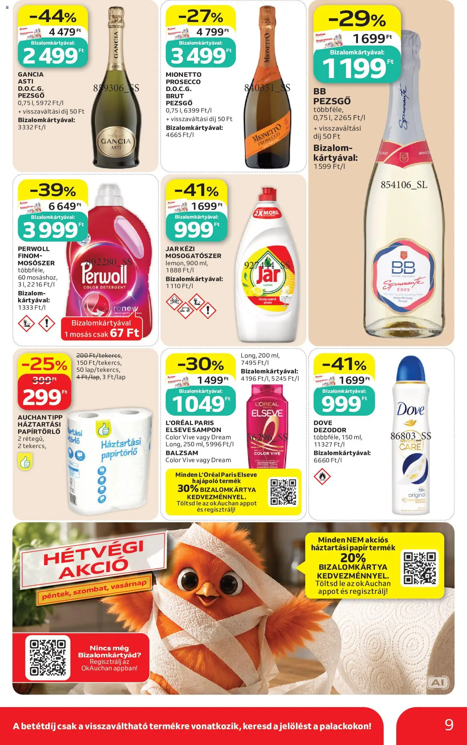 Auchan akciós ujság - amely érvényes a következő dátumtól: 2026.08.21. | Oldal: 9 | Termékek: Perwoll, Mionetto Prosecco, Papírtörlő, Póló