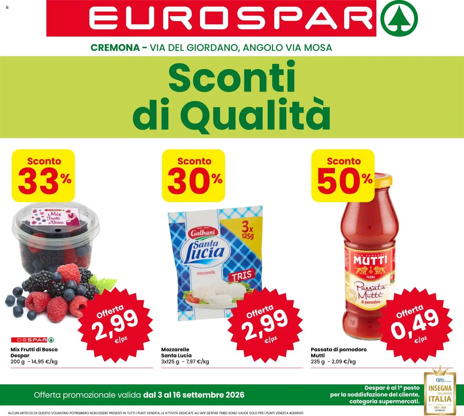 Volantino Eurospar del 03/09/2026 | Pagina: 1 | Prodotti: Frutti di bosco, Mozzarella, Passata di pomodoro, Mutti