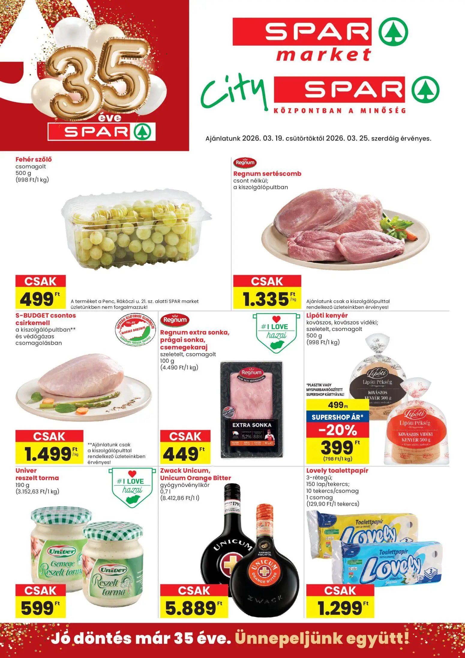 Spar Market akciós ujság - amely érvényes a következő dátumtól: 19.03.2026 | Oldal: 1 | Termékek: Szőlő, Torma, Narancs, Csirkemell