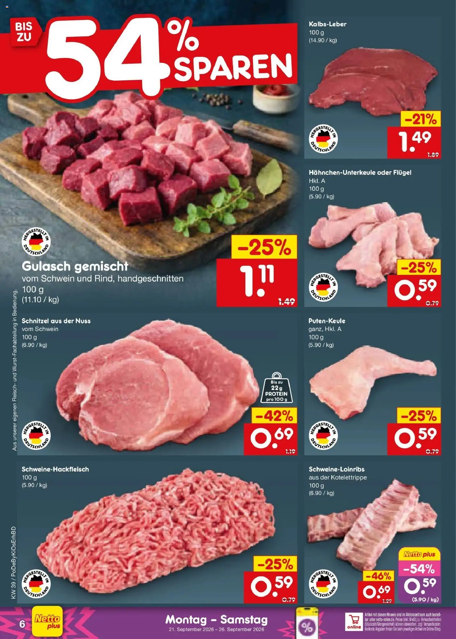 Netto Marken-Discount Prospekt Selb – gültig ab 21.09.2026 | Seite: 10 | Produkte: Schnitzel, Kalbsleber, Gulasch, Fleisch