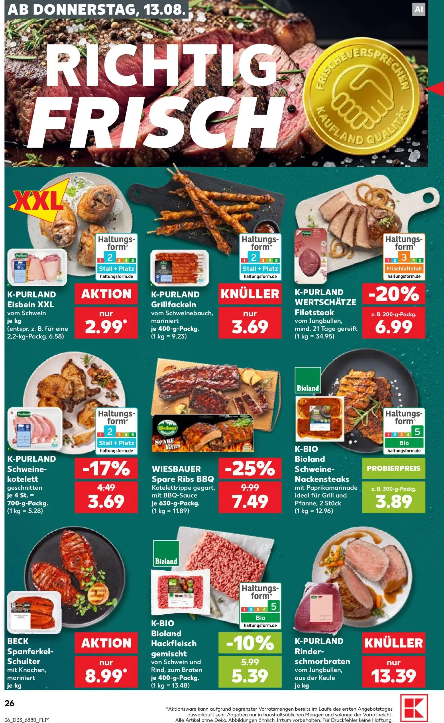 Kaufland Prospekt Völklingen – gültig ab 13.08.2026 | Seite: 26 | Produkte: Nackensteaks, Spare ribs, Schulter, Hackfleisch