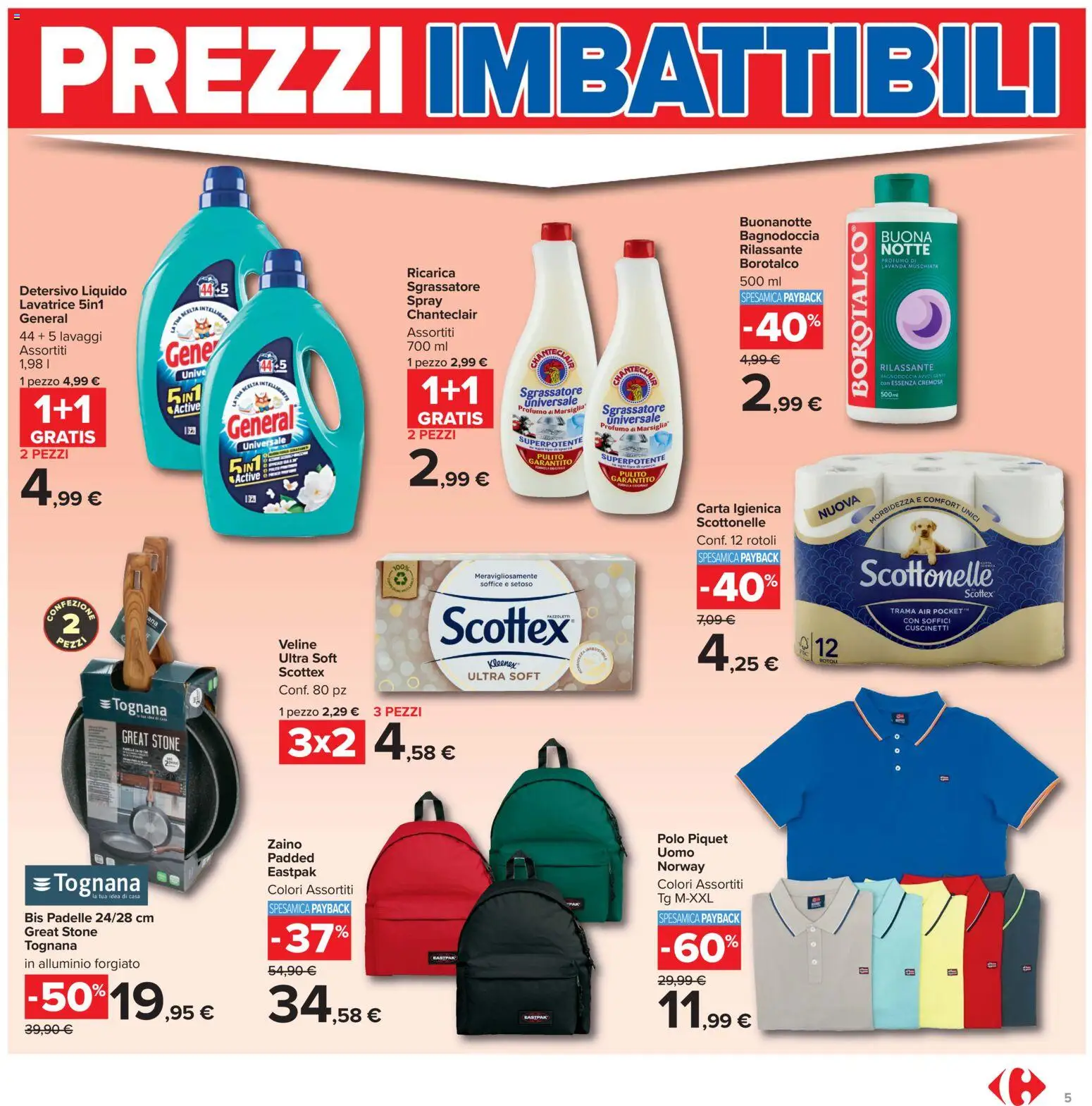 Volantino Carrefour del 16.06.2026 | Pagina: 5 | Prodotti: Veline, Sgrassatore, Zaino, Profumo