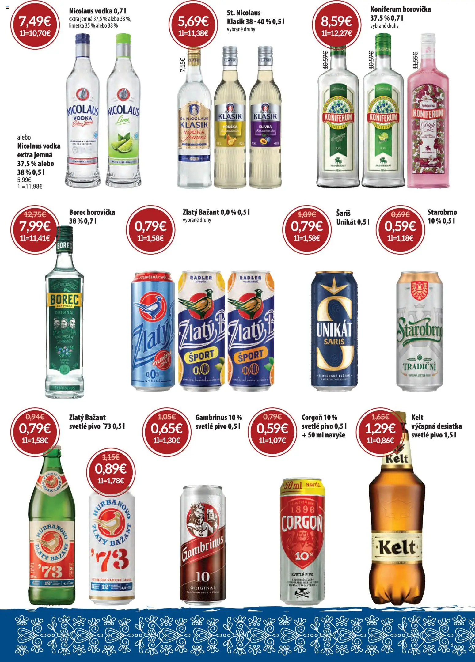 Nové Nitrazdroj akcie – leták je platný od 06.08.2026 | Strana: 8 | Produkty: Radler, Koniferum, Zlatý Bažant, Nicolaus vodka