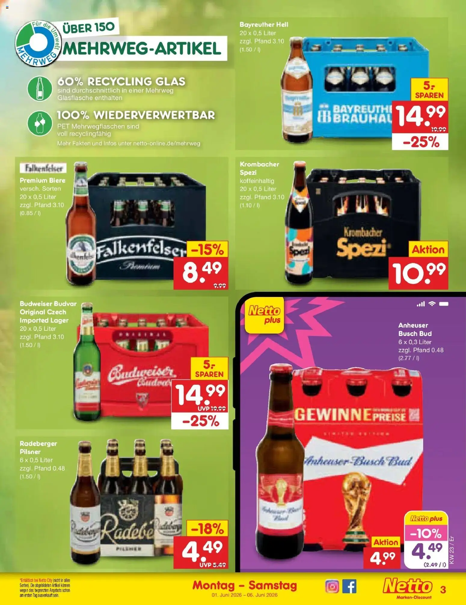 Netto Marken-Discount Prospekt Weimar – gültig ab 01.06.2026 | Seite: 31 | Produkte: Bayreuther hell, Krombacher, Budweiser, Radeberger pilsner