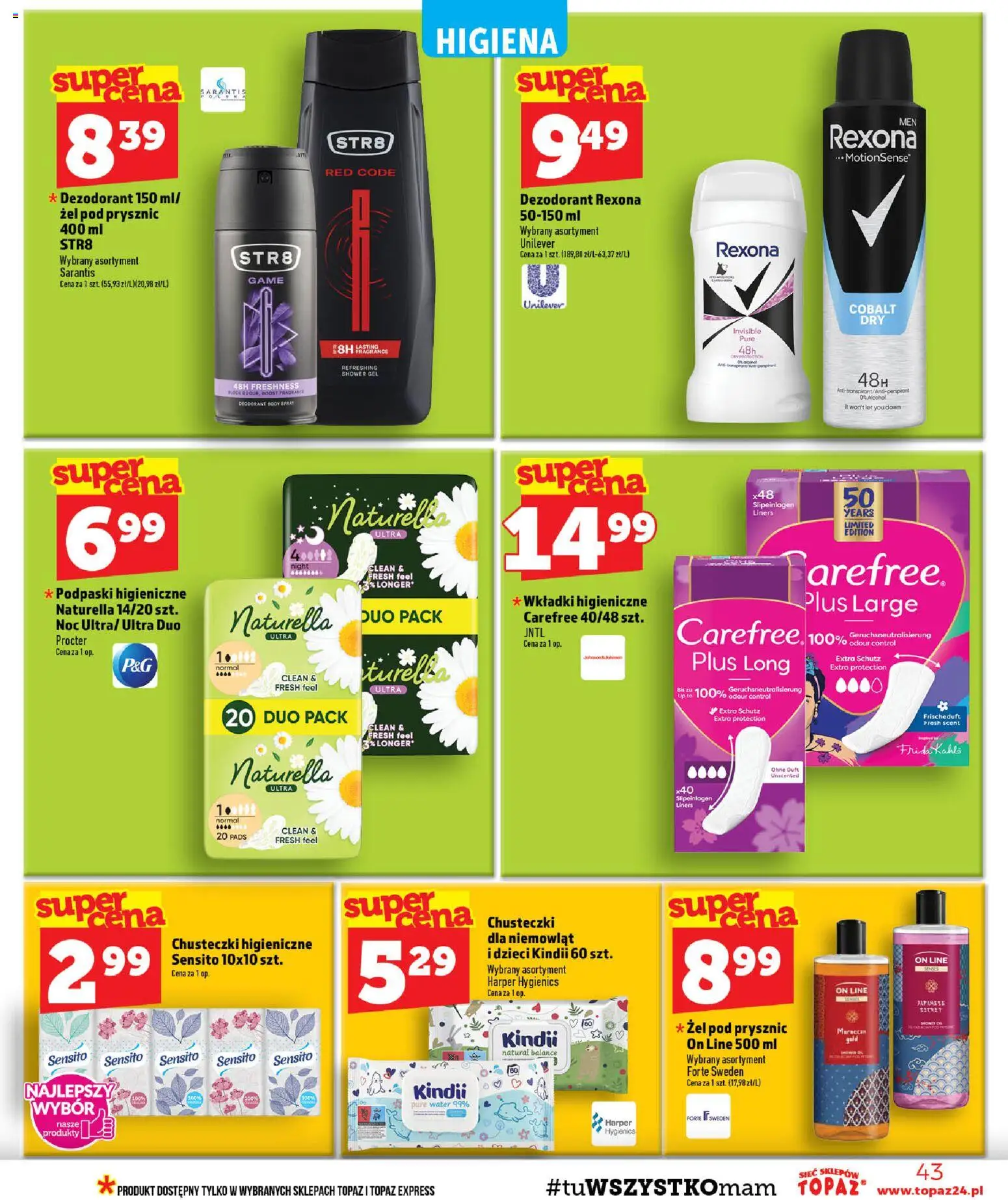 Topaz gazetka - MAZ od 10.09.2026 | Strona: 43 | Produkty: Podpaski, Prysznic, Wkładki higieniczne, Body