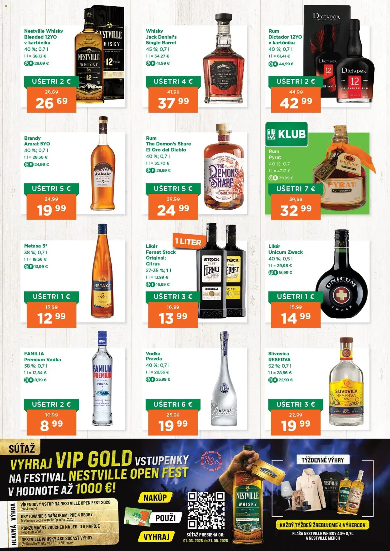 Nové 1day akcie – leták je platný od 07.05.2026 | Strana: 2 | Produkty: Slivovica, Vodka, Ararat, Rum