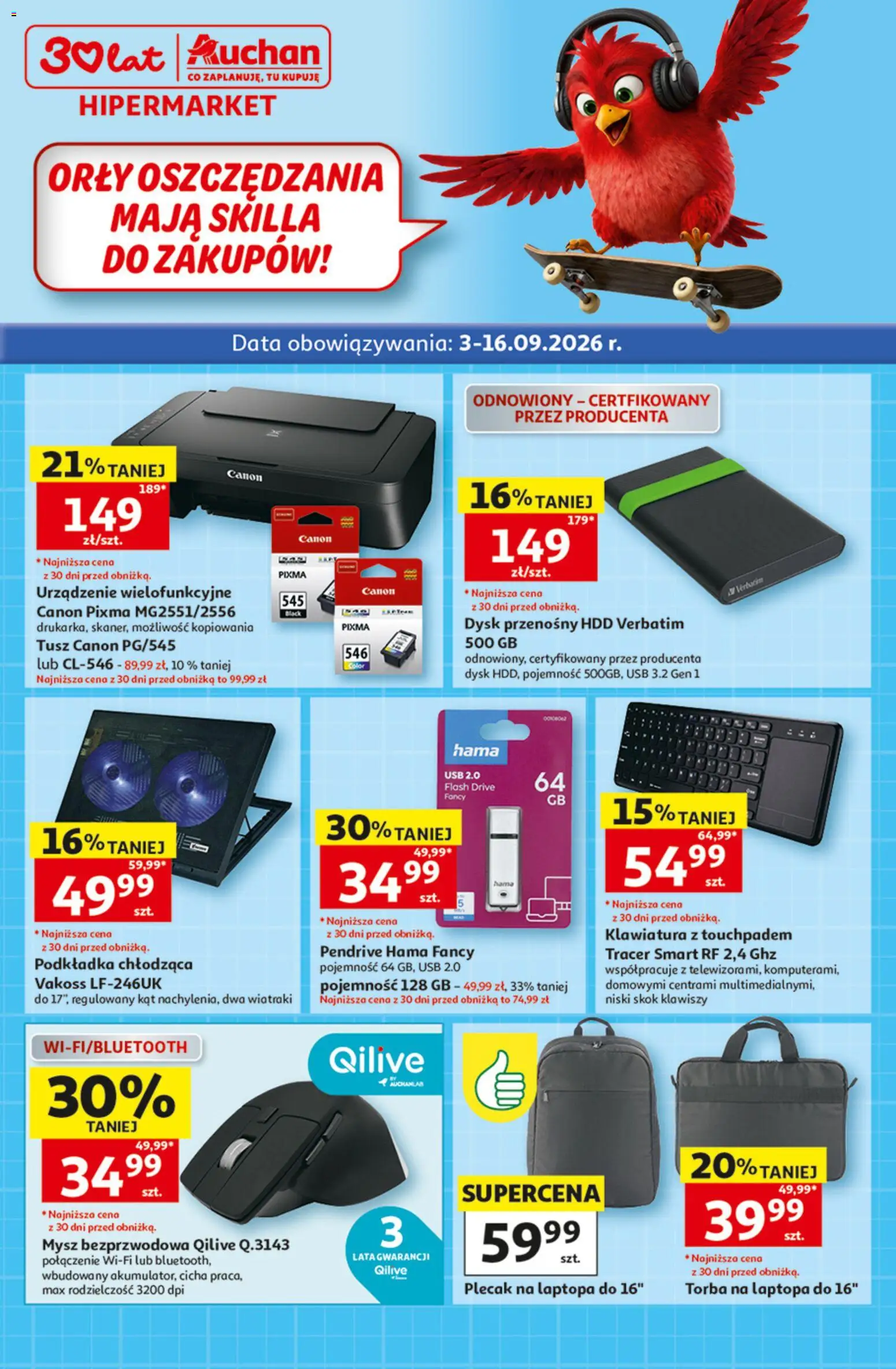 Auchan gazetka - 30 Lat Hipermarket Student od 03.09.2026 | Strona: 1 | Produkty: Plecak, Dysk, Torba, USB