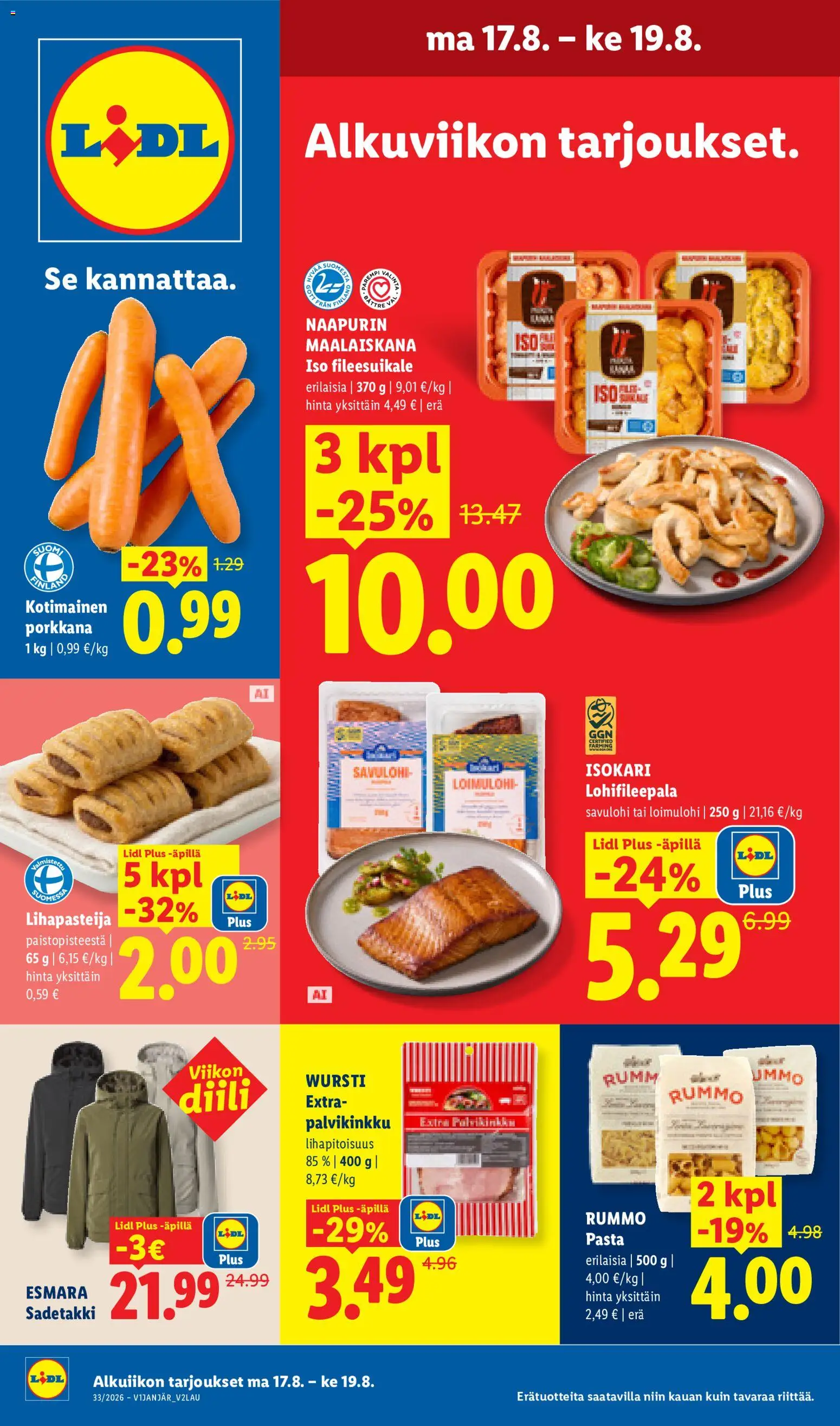 Lidl tarjoukset - Tampere – voimassa 17/08/2026 alkaen | Sivu: 1 | Tuotteet: Sadetakki, Savulohi, Pasta, Porkkana