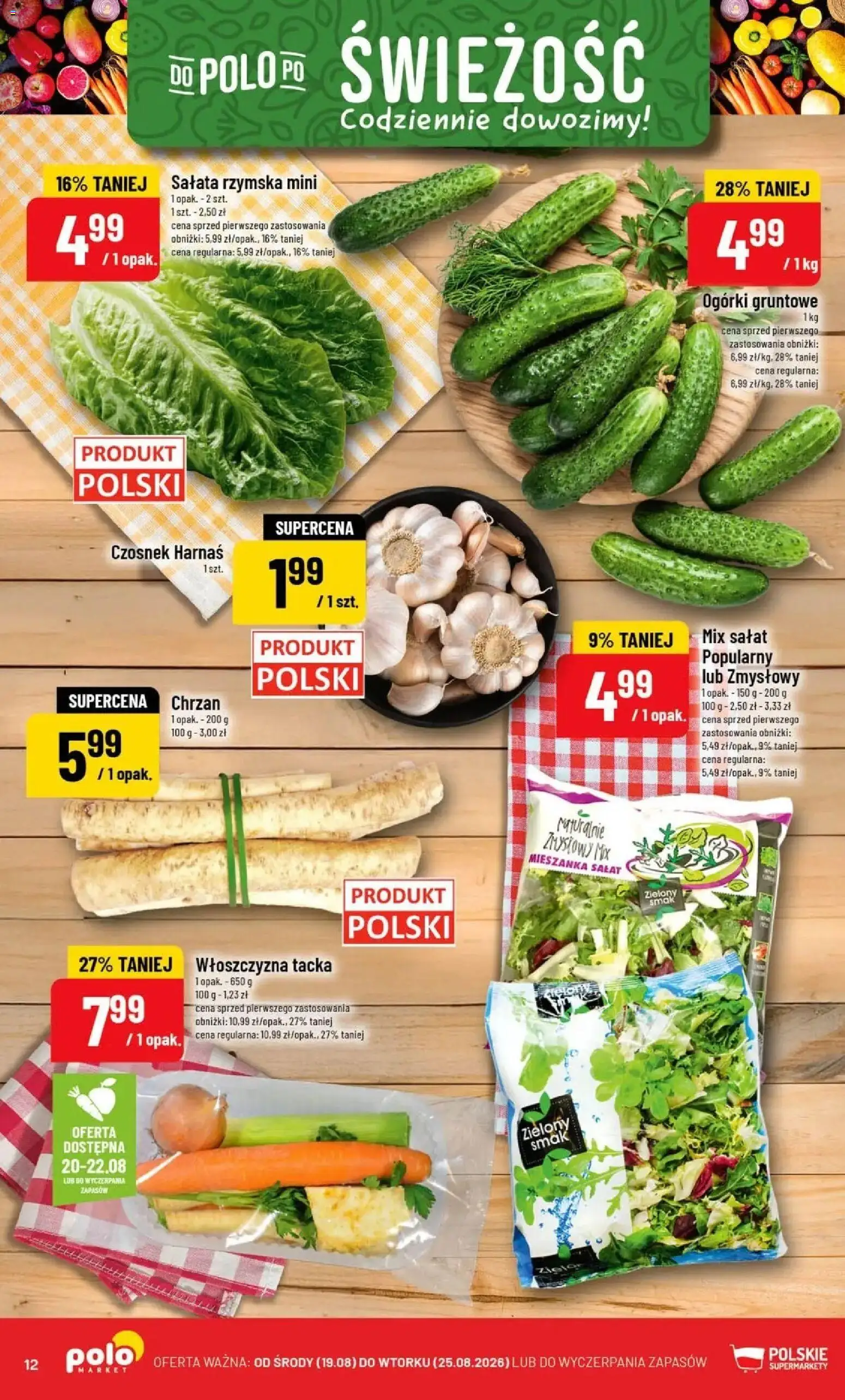 Nowa POLOmarket gazetka od jutra 19.08.2026 | Strona: 12 | Produkty: Sałata, Sałata rzymska, Chrzan, Mix sałat