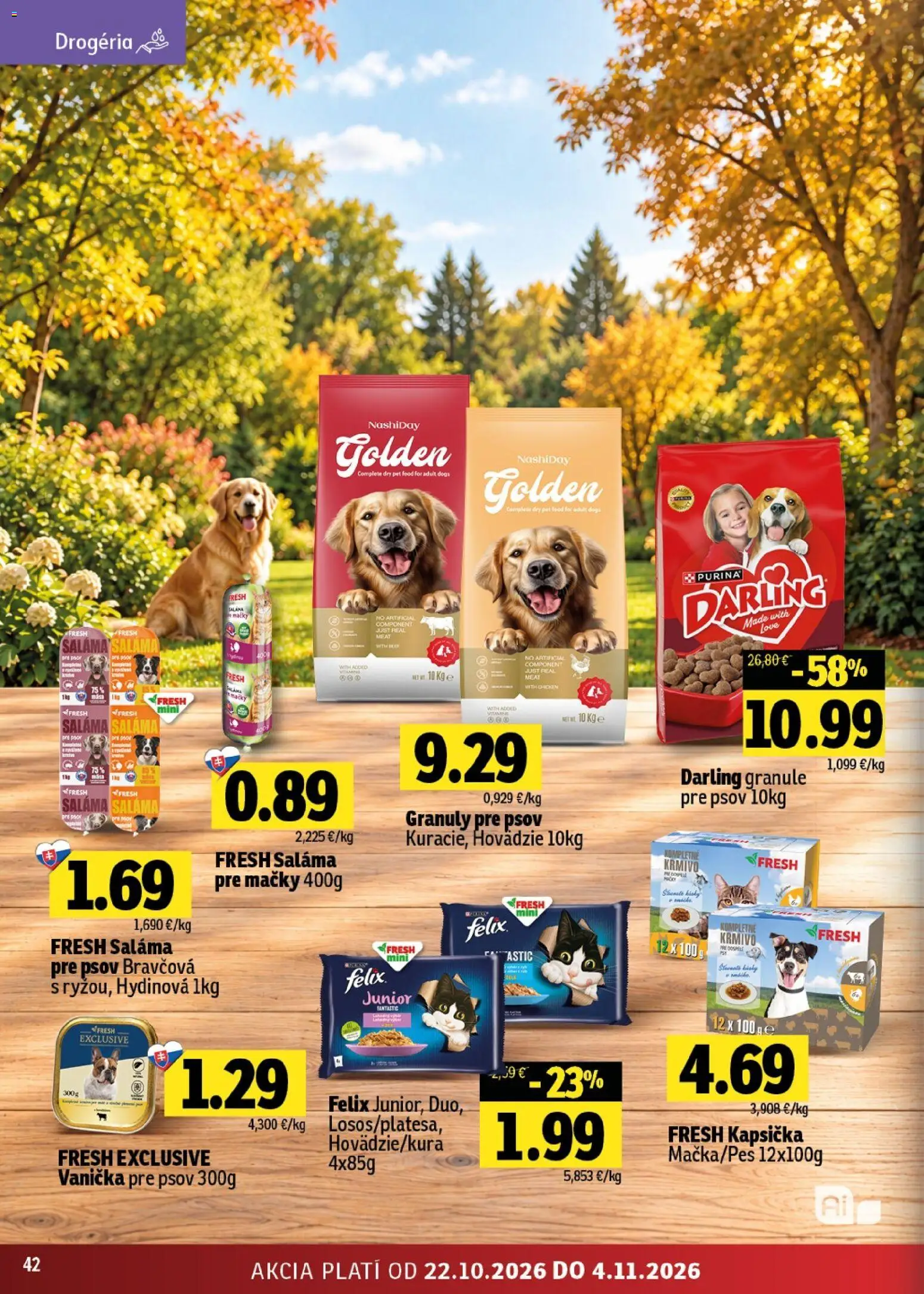 Nové Fresh akcie – leták je platný od 22.10.2026 | Strana: 42 | Produkty: Darling granule, Felix, Saláma, Pór