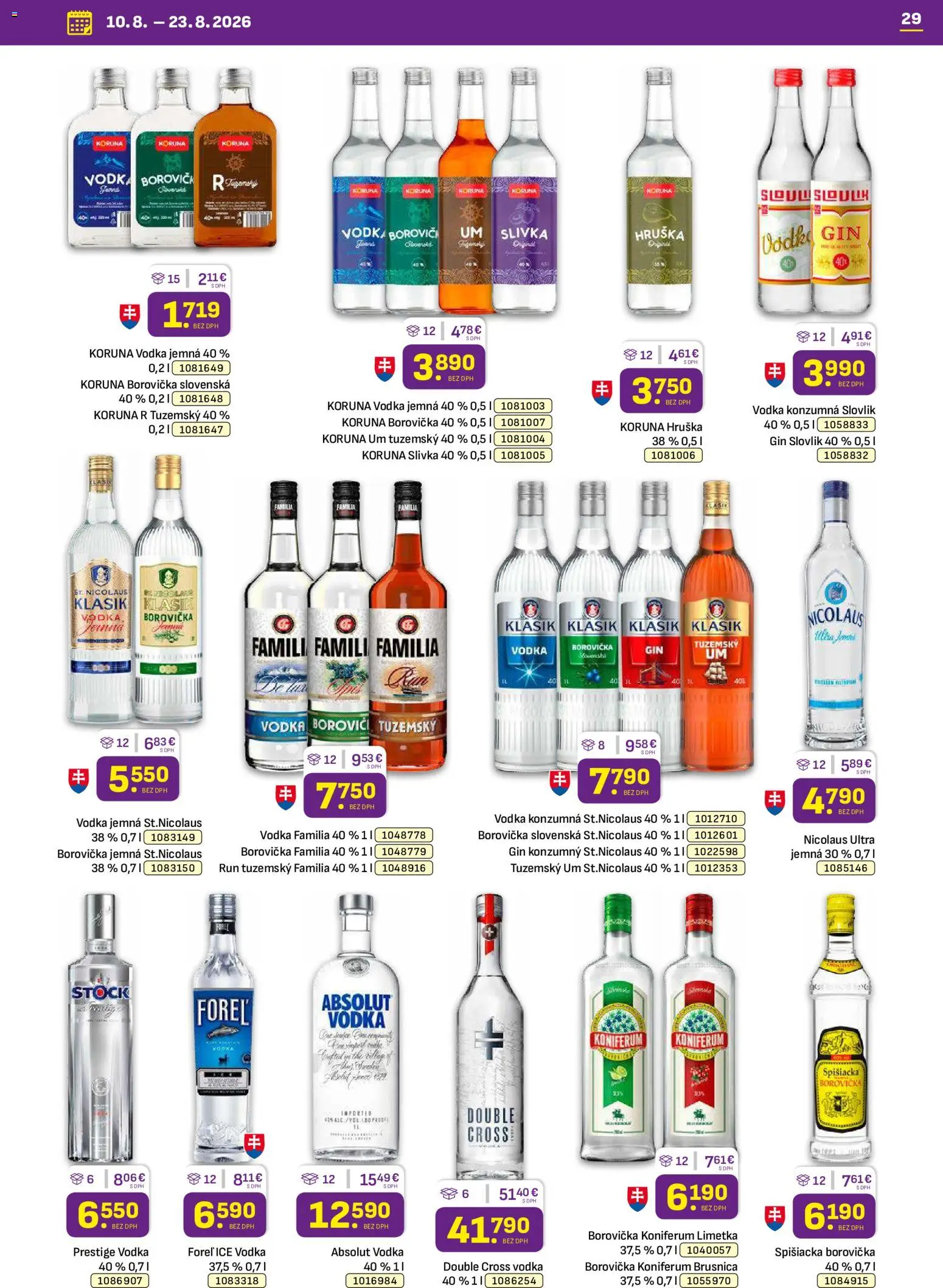 Nové Libex akcie – leták je platný od 10.08.2026 | Strana: 29 | Produkty: Koniferum, Gin, Vodka, Absolut vodka