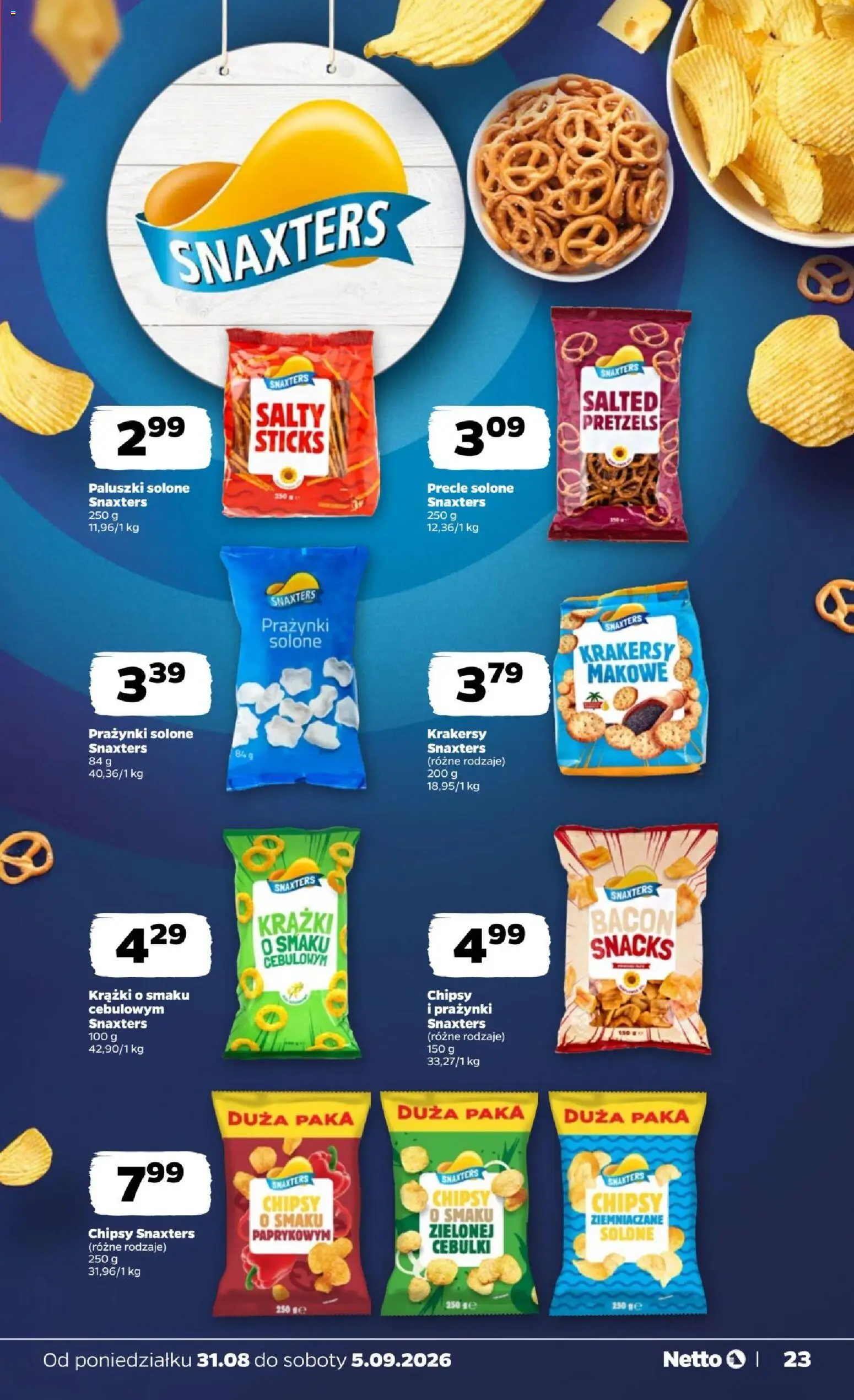 Netto gazetka od poniedziałku od 31.08.2026 | Strona: 23 | Produkty: Potato chips, Chipsy ziemniaczane, Paluszki, Krakersy