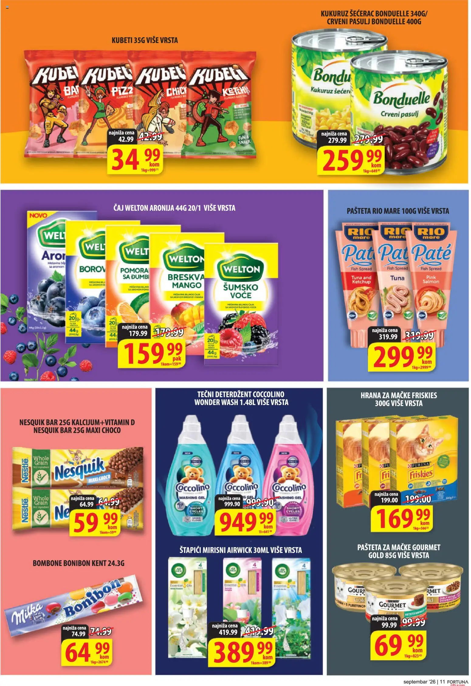Fortuna Market katalog - važi od 11.09.2026 | Strana: 11 | Proizvode: Bombone, Tuna, Nesquik, Pašteta
