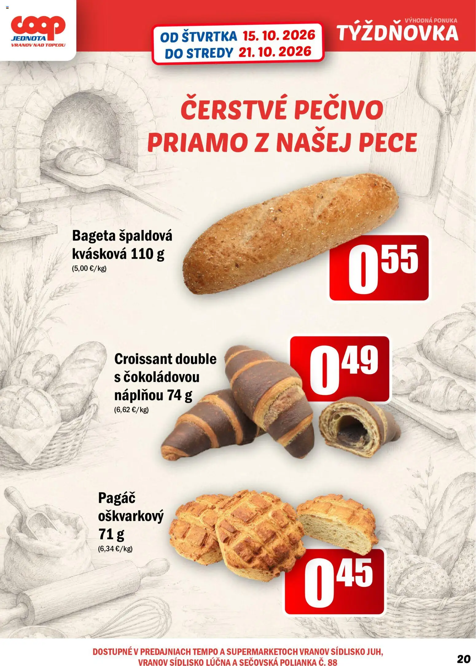 Nové COOP Jednota akcie – leták je platný od 15.10.2026 | Strana: 20 | Produkty: Croissant, Bageta, Pečivo