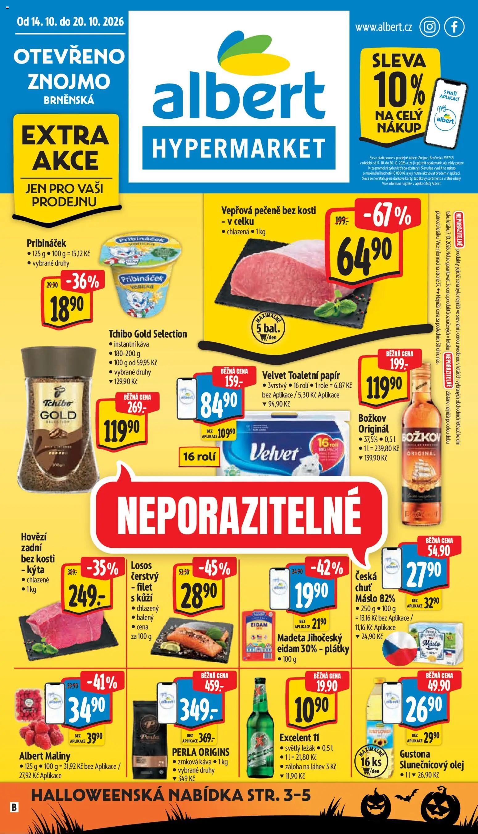 Albert leták - Hypermarket - Znojmo od 14.10.2026 | Strana: 1 | Produkty: Vepřová pečeně, Káva, Losos, Láhev