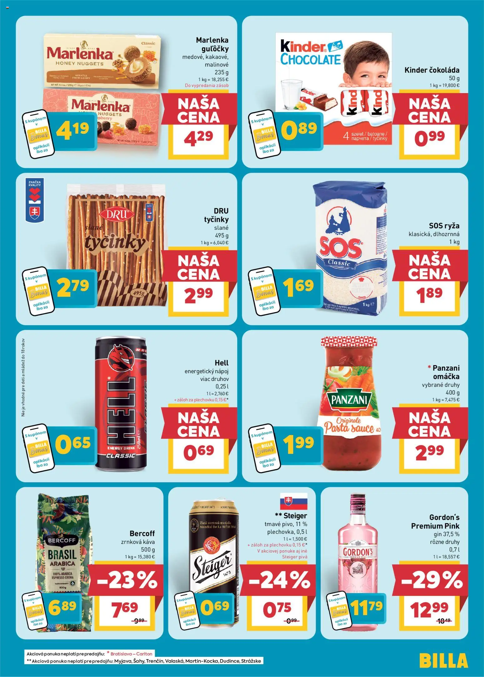 Nové Billa akcie – leták je platný od 14.10.2026 | Strana: 5 | Produkty: Kinder, Slané tyčinky, Energetický nápoj, Zrnková káva