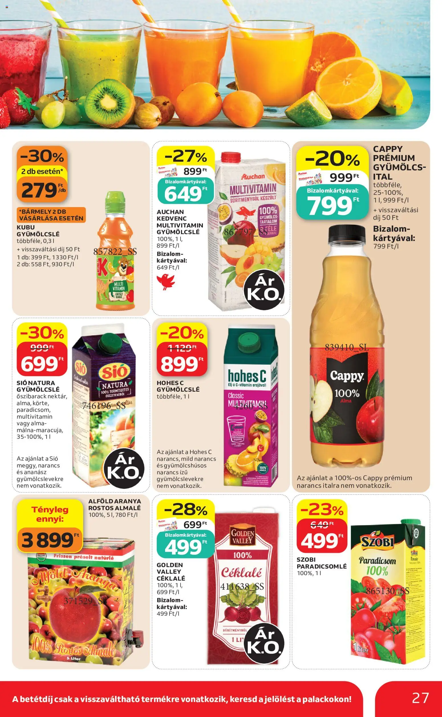 Auchan akciós ujság - amely érvényes a következő dátumtól: 2026.08.06. | Oldal: 27 | Termékek: Gyümölcslé, Gyümölcsital, Ananász, Almalé