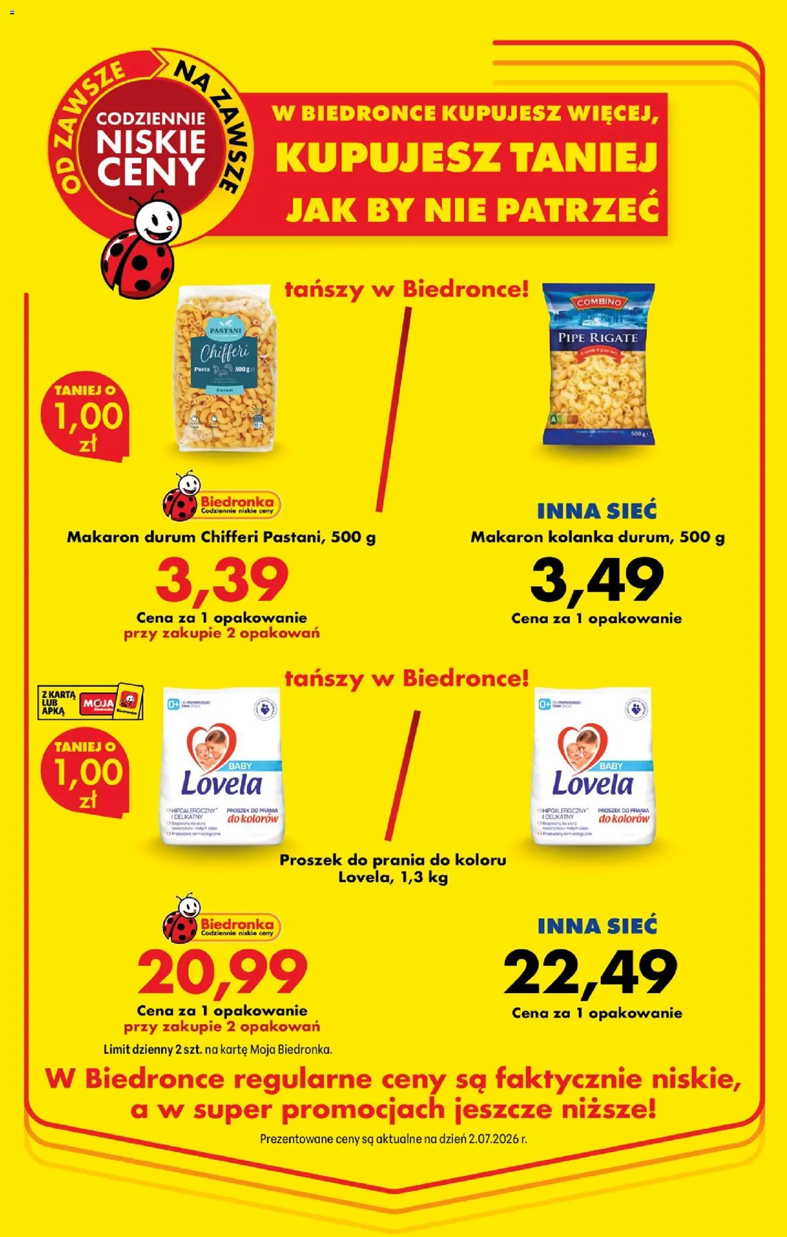 Biedronka gazetka - Niższe ceny regularne od 02.07.2026 | Strona: 2 | Produkty: Makaron durum, Proszek do prania, Lovela, Detergent