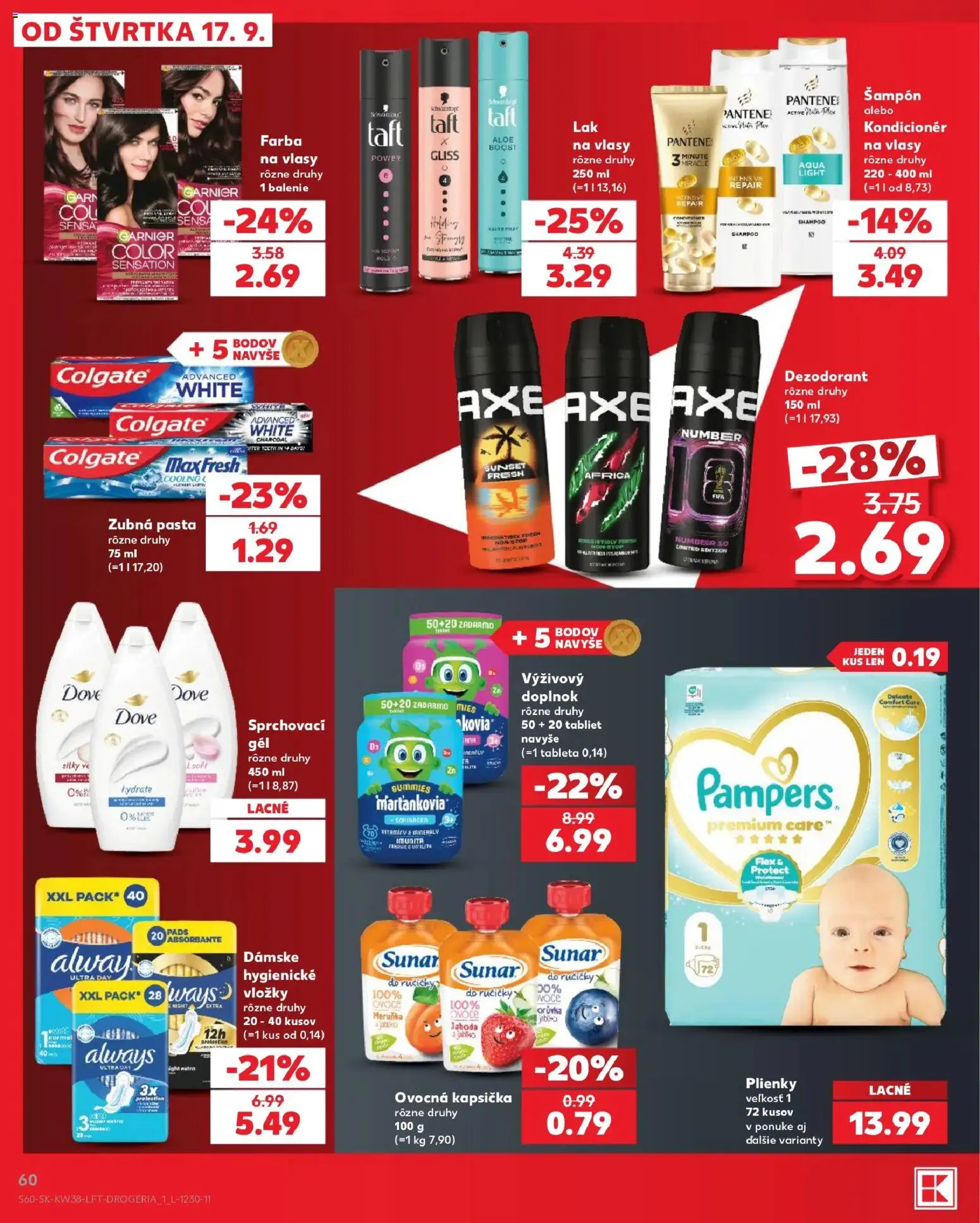 Nové Kaufland akcie – leták je platný od 17.09.2026 | Strana: 60 | Produkty: Kondicionér, Sunar, Zubná pasta, Pampers