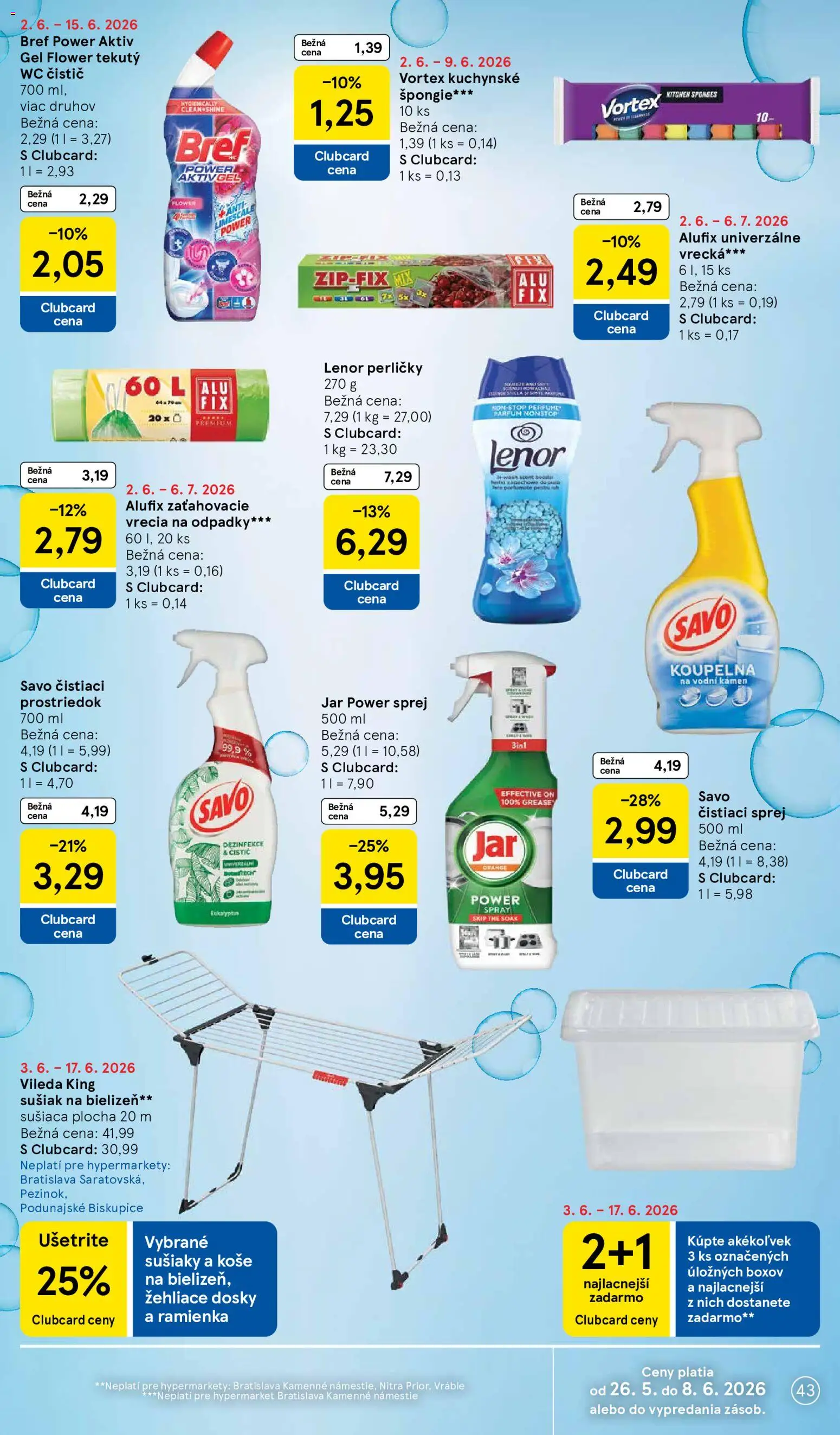 Nové Tesco akcie – leták je platný od 03.06.2026 | Strana: 43 | Produkty: Savo, Čistiaci prostriedok, Vrecia na odpadky, Jar