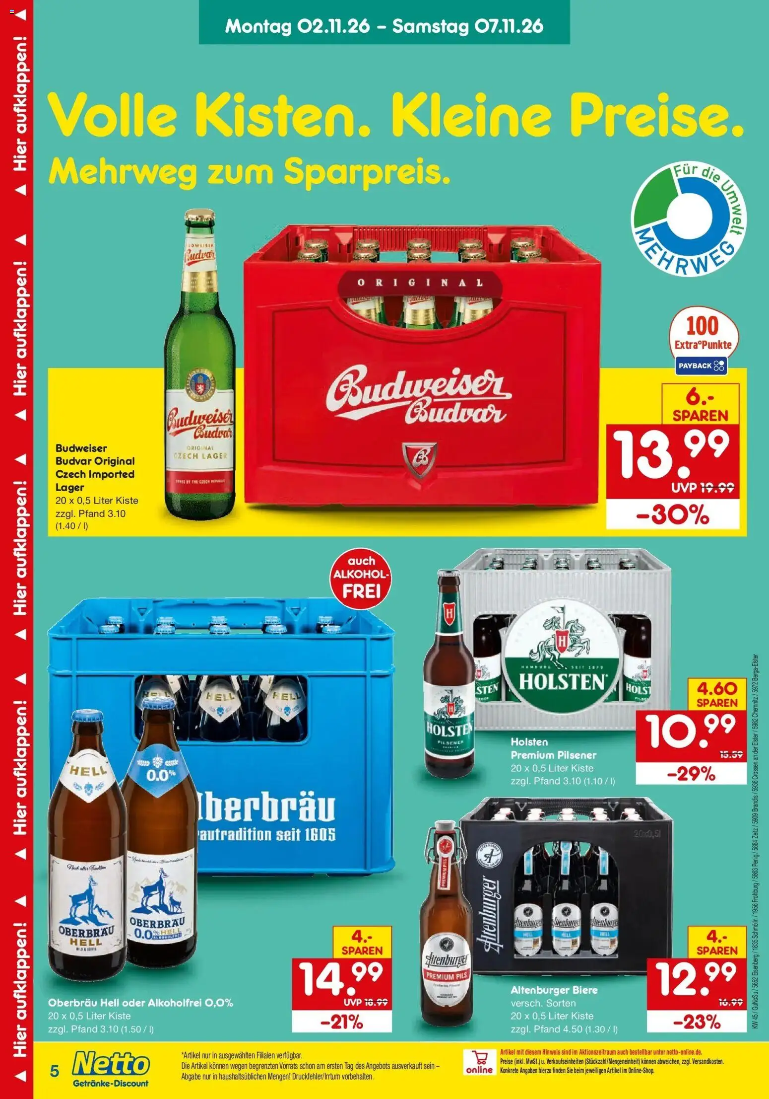 Netto Marken-Discount Prospekt Chemnitz – gültig ab 02.11.2026 | Seite: 5 | Produkte: Pils, Holsten, Alkohol, Budweiser