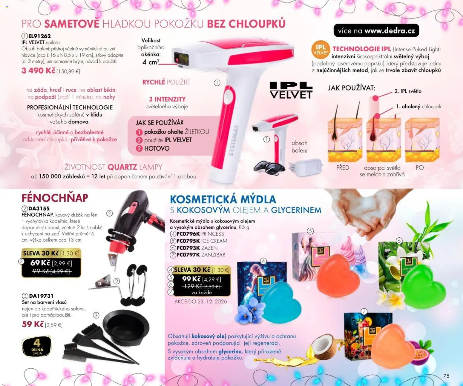 Nové Dedra akcie – leták je platný od 01.10.2026 | Strana: 75 | Produkty: Svetlo, Fén, Olej