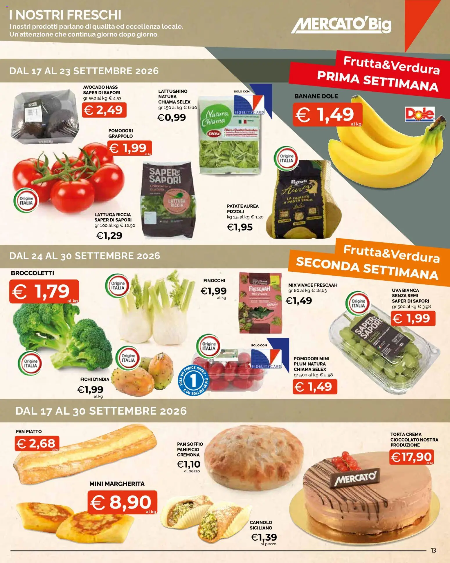 Volantino Mercatò del 17/09/2026 | Pagina: 13 | Prodotti: Banane, Fichi, Pomodori, Uva