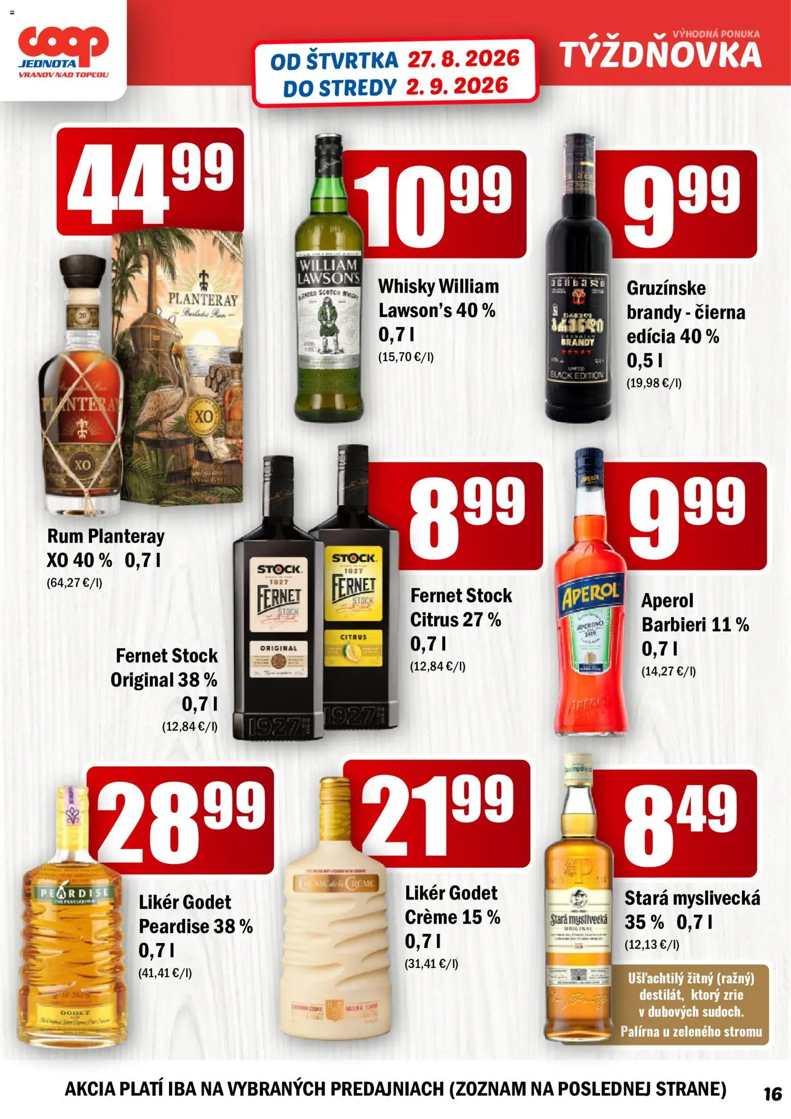 Nové COOP Jednota akcie – leták je platný od 27.08.2026 | Strana: 16 | Produkty: Whisky, Fernet, Fernet Stock, Rum