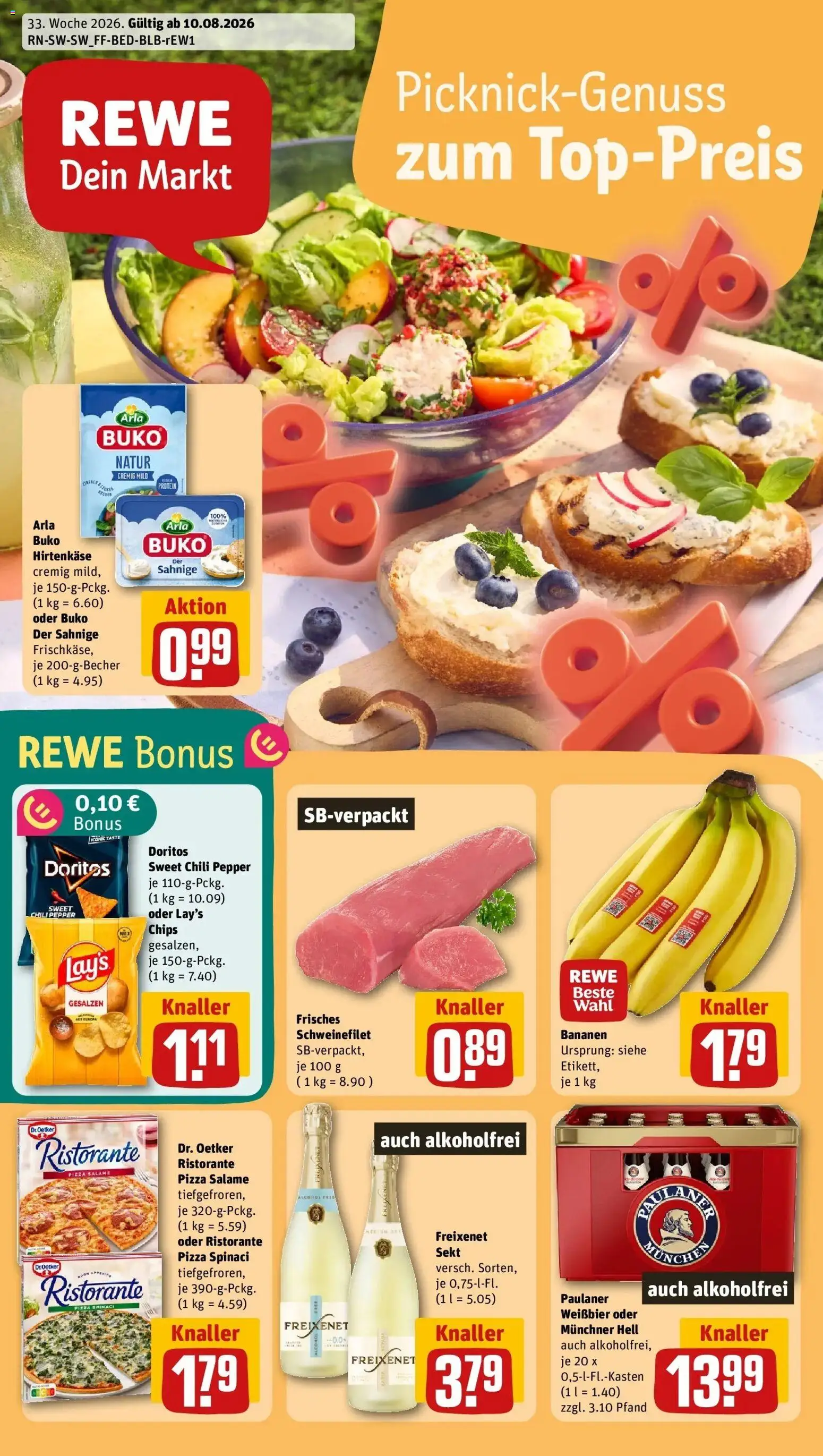 REWE Prospekt ab 10.08.2026 zum Blättern » Angebote | Seite: 1 | Produkte: Weißbier, Chili, Chips, Paulaner