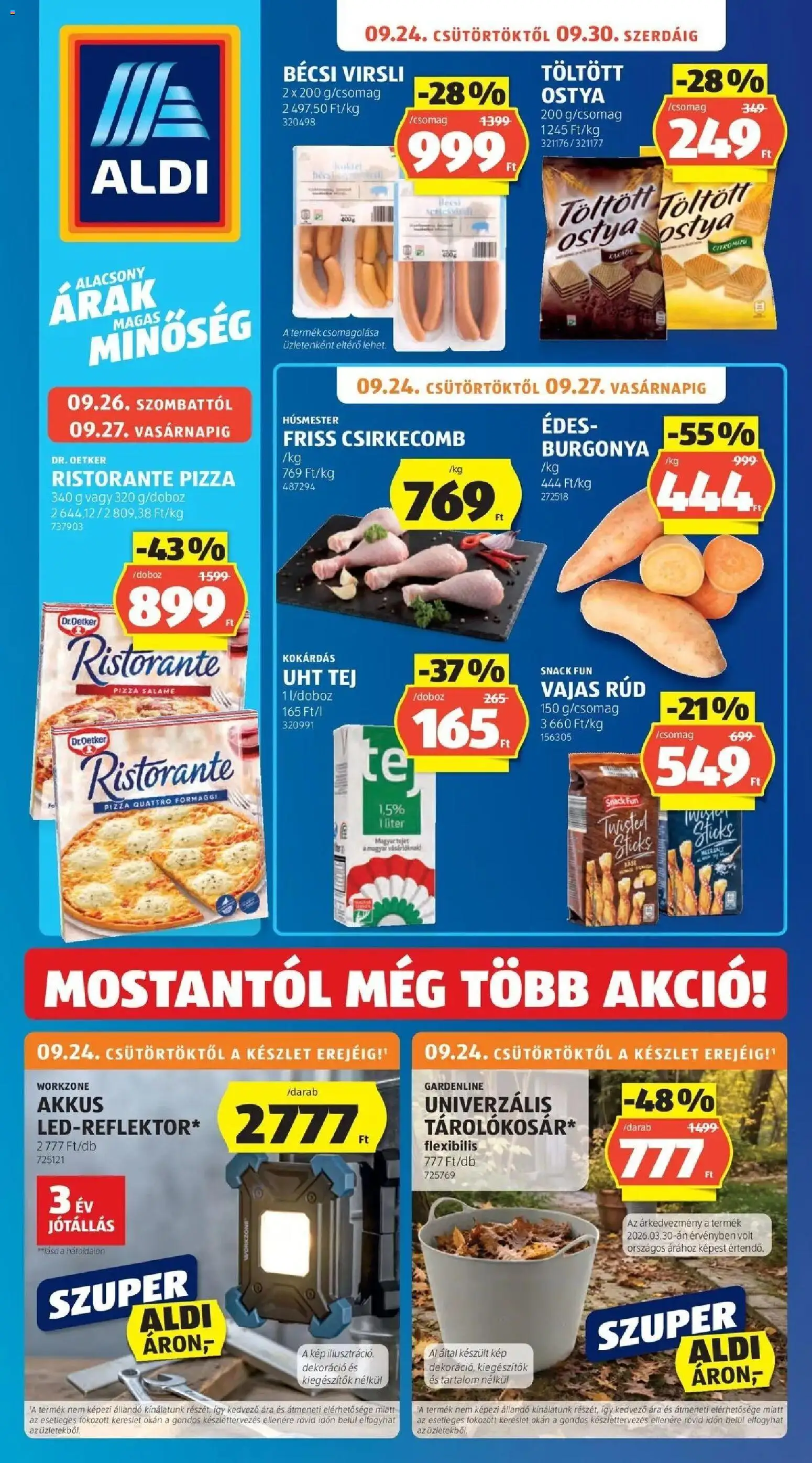 Aldi aktuális akciós újság - 2026.09.19. -tól/töl > akció, lapozható szórólap 🛍️ | Oldal: 1 | Termékek: UHT tej, Csirkecomb, Wafers, Dekoráció