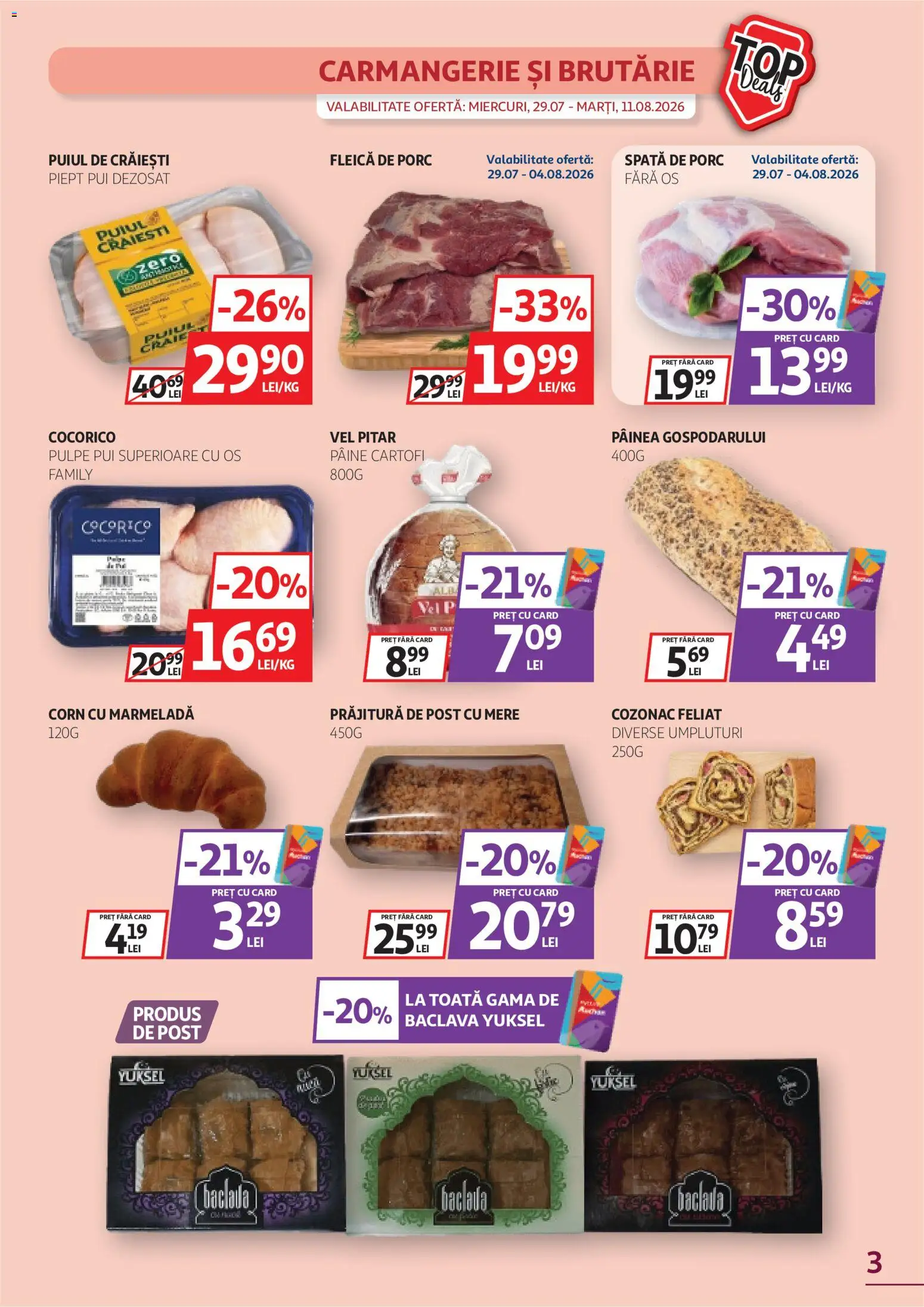 Noul catalog Auchan – valabil de la 29.07.2026 | Pagină: 3 | Produse: Pui, Prăjitură, Pâine, Cartofi