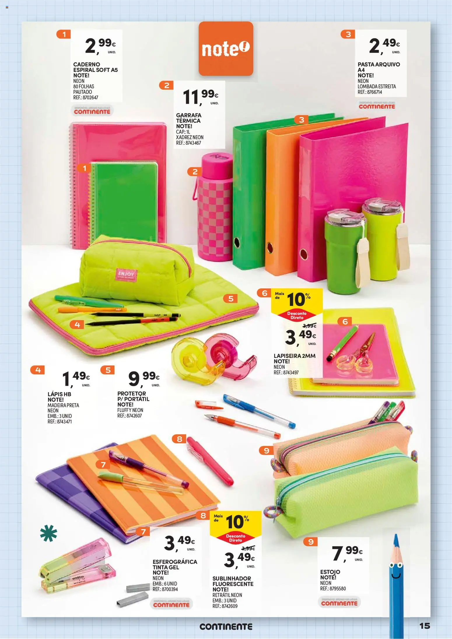 Continente Regresso às Aulas Na escola de toda a gente │ válido de 11/08/2026 | Página: 15 | Produtos: Caderno, Garrafa térmica, Tinta