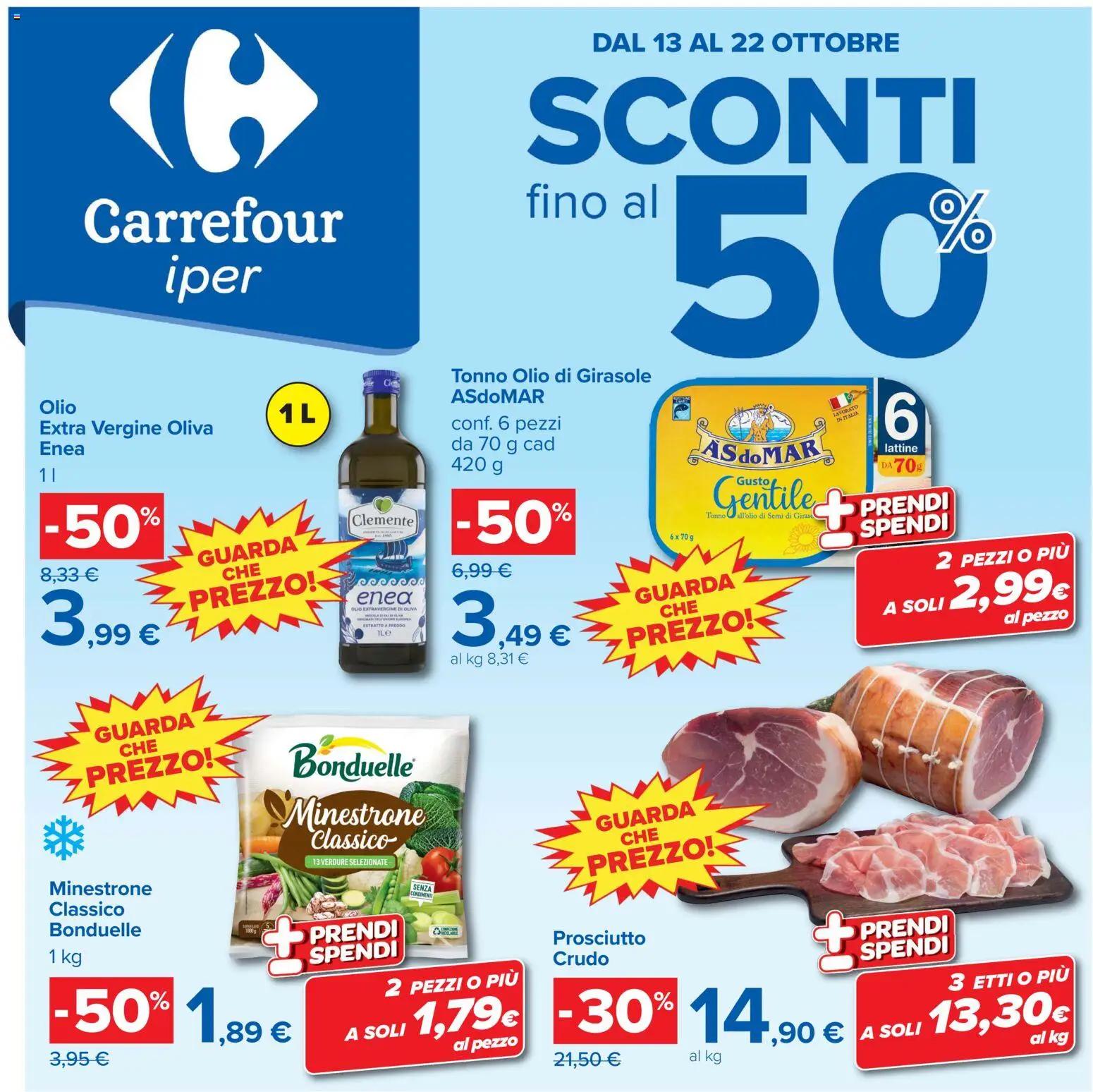 Volantino Carrefour del 13/10/2026 | Pagina: 1 | Prodotti: Minestrone, Verdure, Olio, Prosciutto