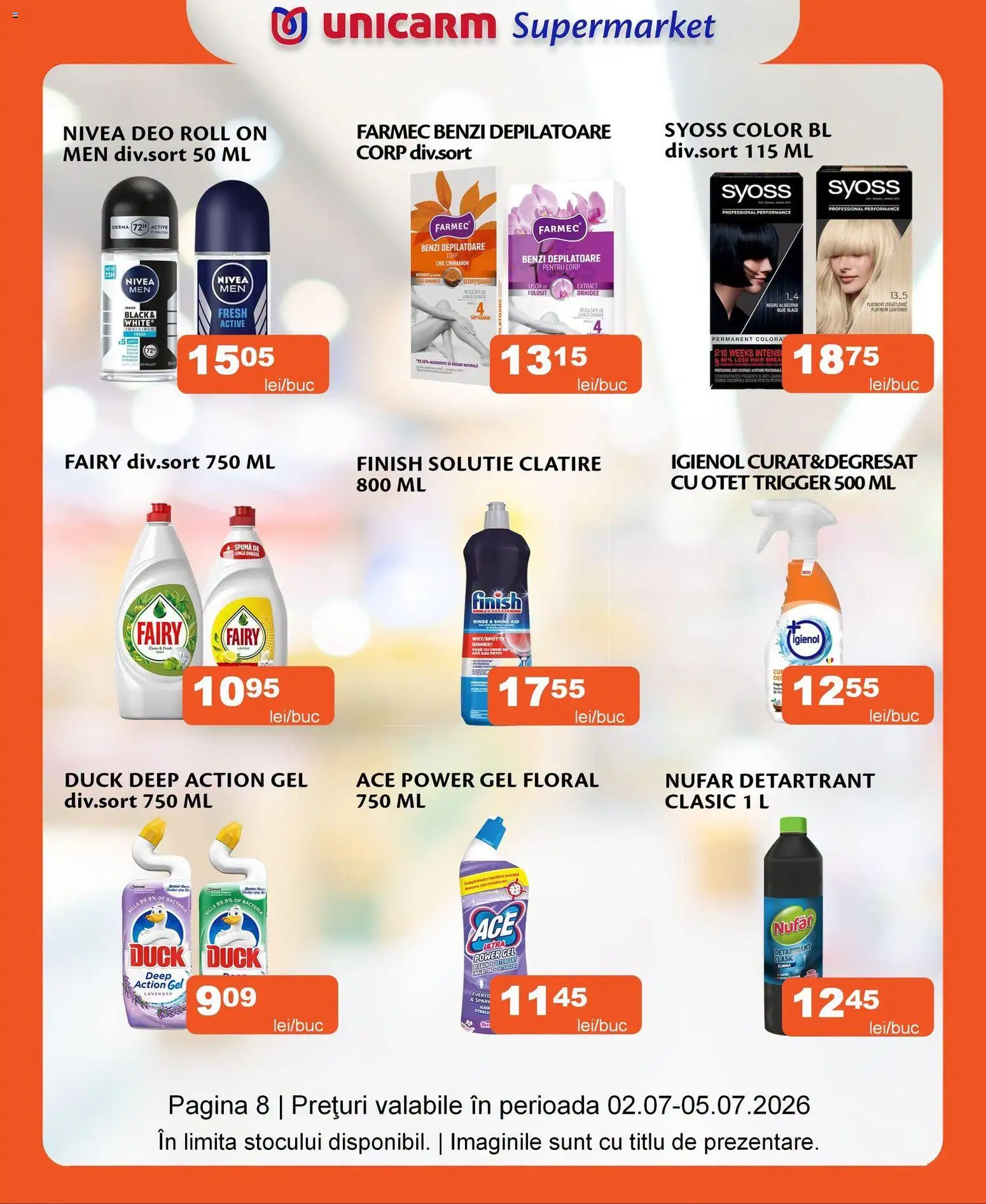Noul catalog Unicarm – valabil de la 02.07.2026 | Pagină: 8 | Produse: Orhidee, Oțet, Benzi depilatoare, Apă