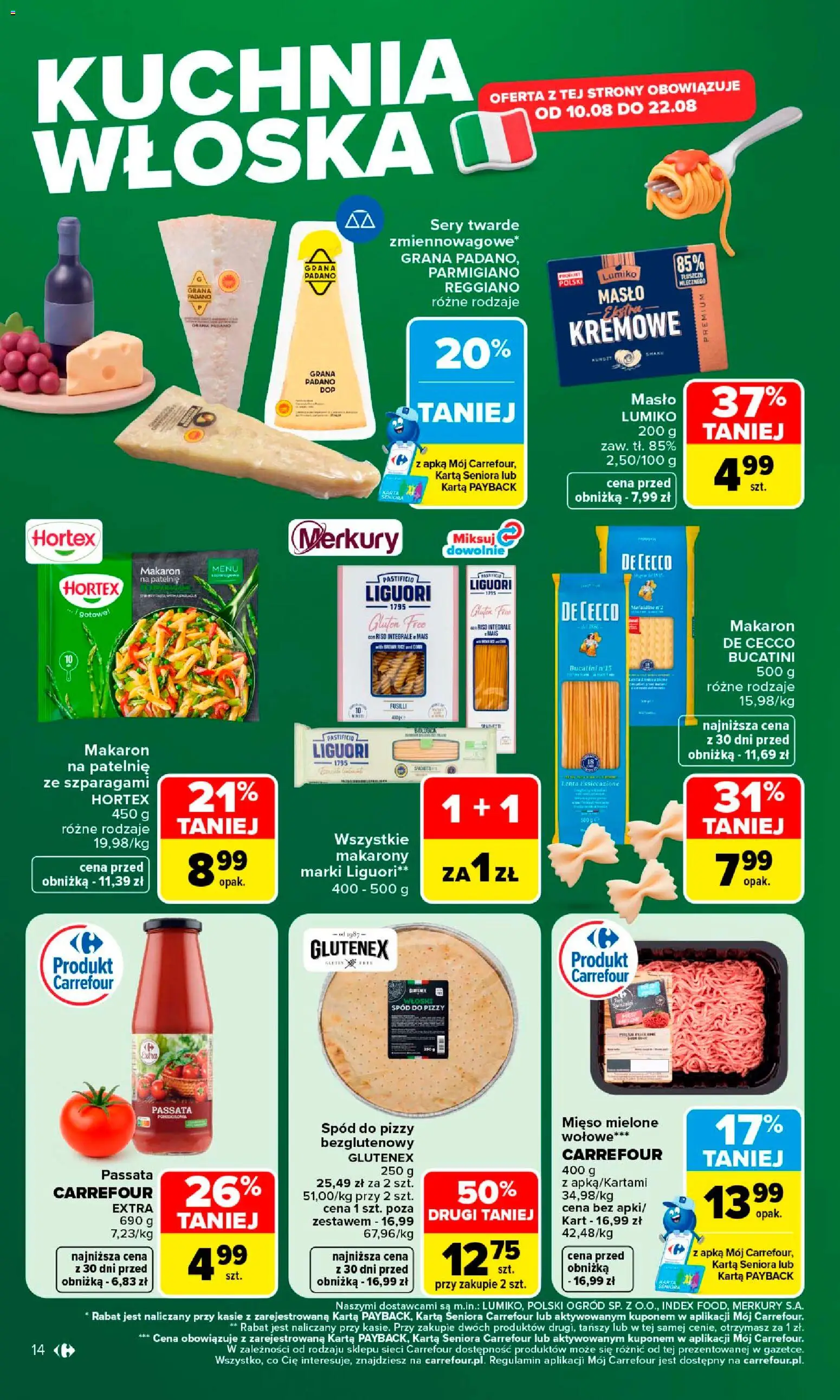 Carrefour gazetka od 10.08.2026 | Strona: 16 | Produkty: Parmigiano Reggiano, Mięso, Spód do pizzy, Makarony