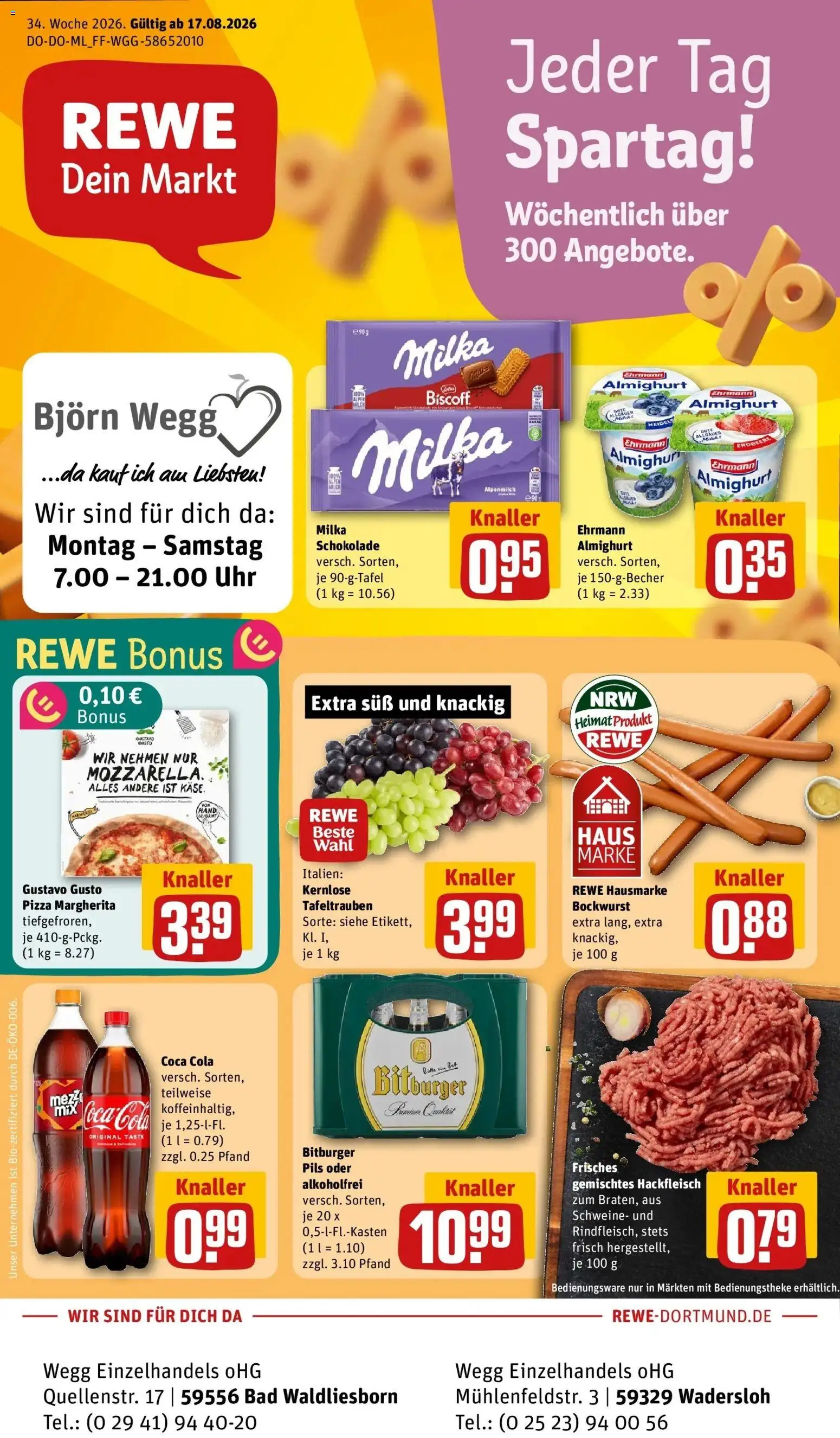 REWE Prospekt ab 17.08.2026 zum Blättern » Angebote | Seite: 1 | Produkte: Bockwurst, Schokolade, Pils, Hackfleisch