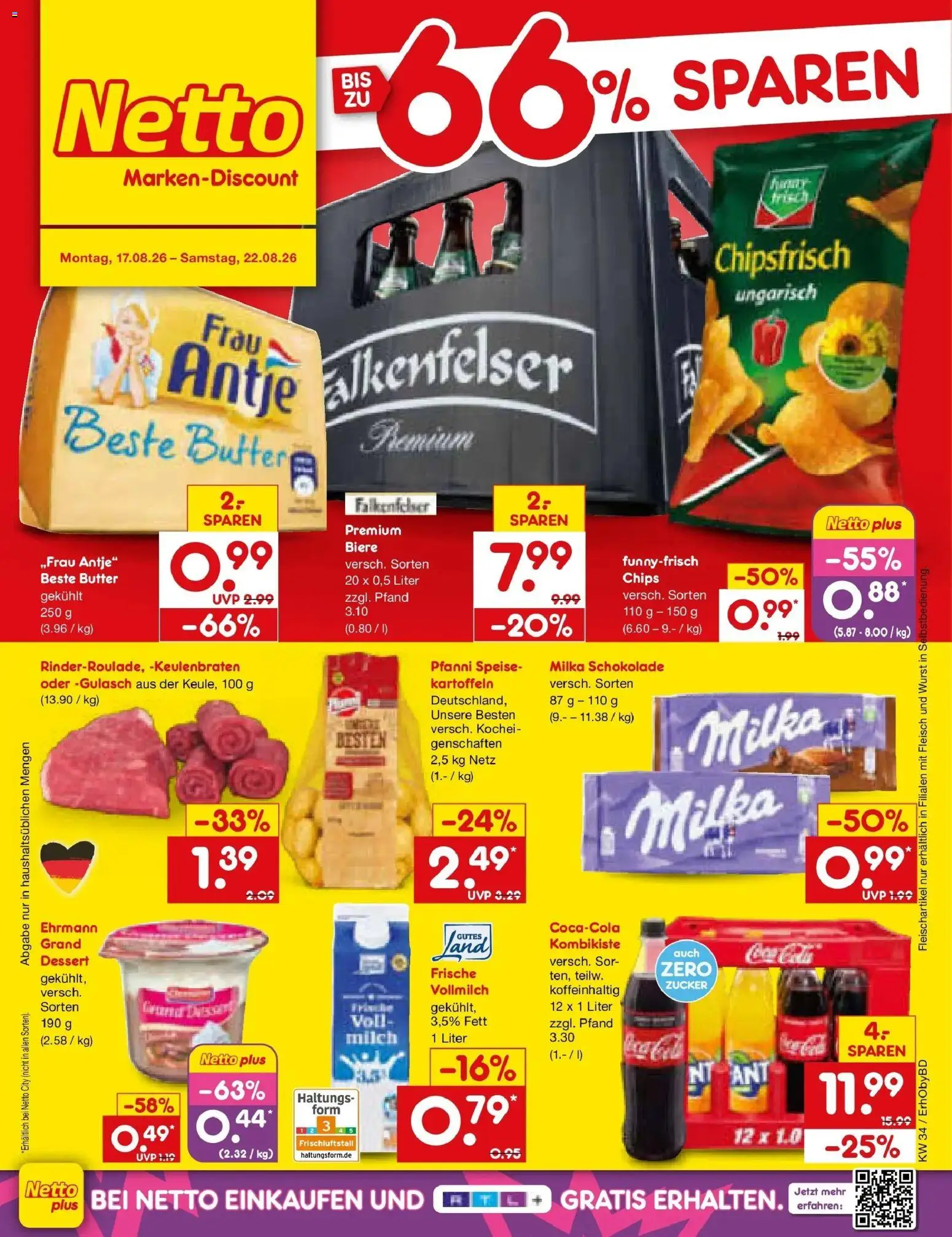 Netto Marken-Discount Prospekt Velden – gültig ab 17.08.2026 | Seite: 1 | Produkte: Milch, Milka schokolade, Milka, Wurst