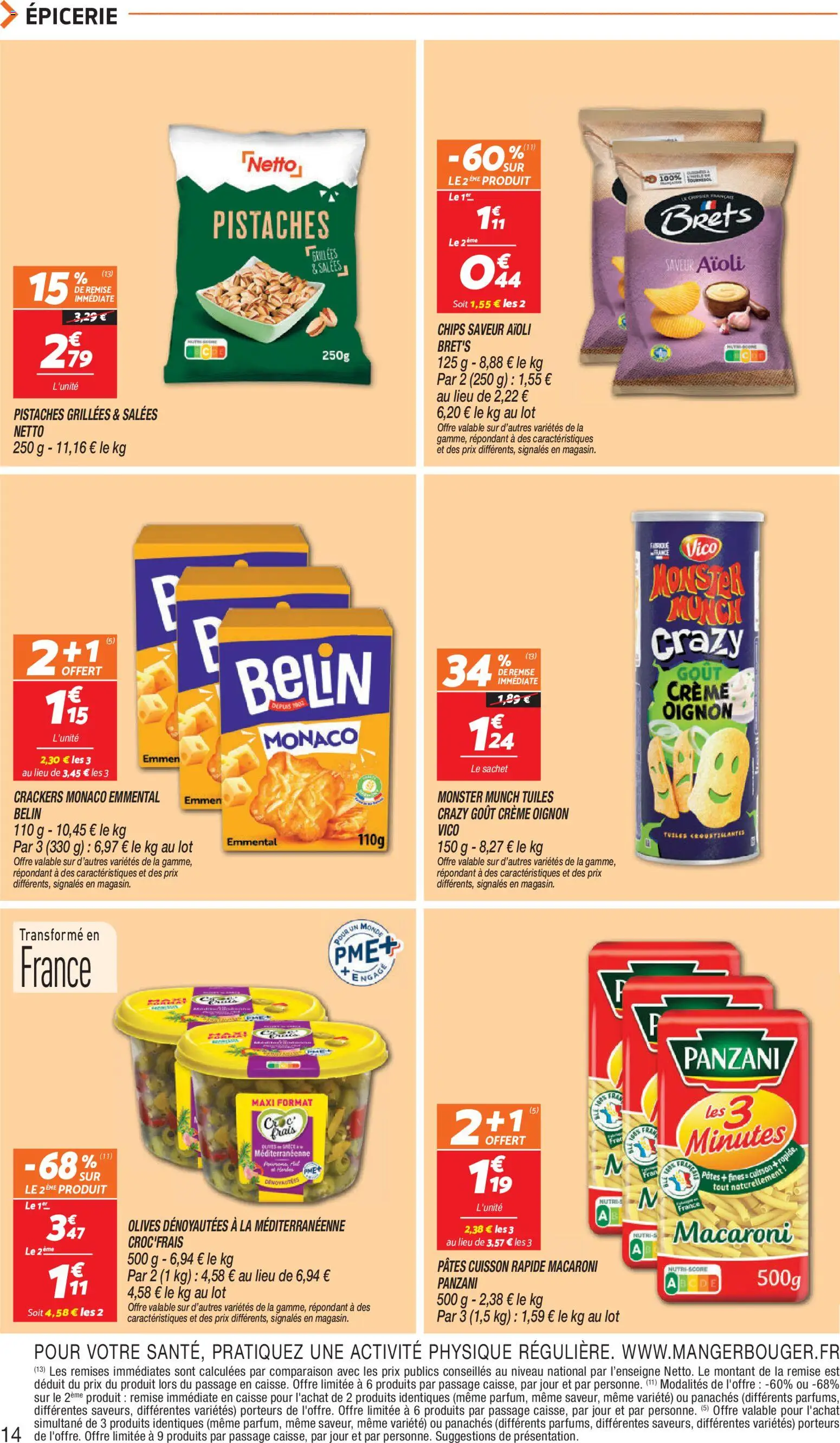 {H1} | Page: 14 | Produits: Crackers, Emmental, Pistaches, Oignon
