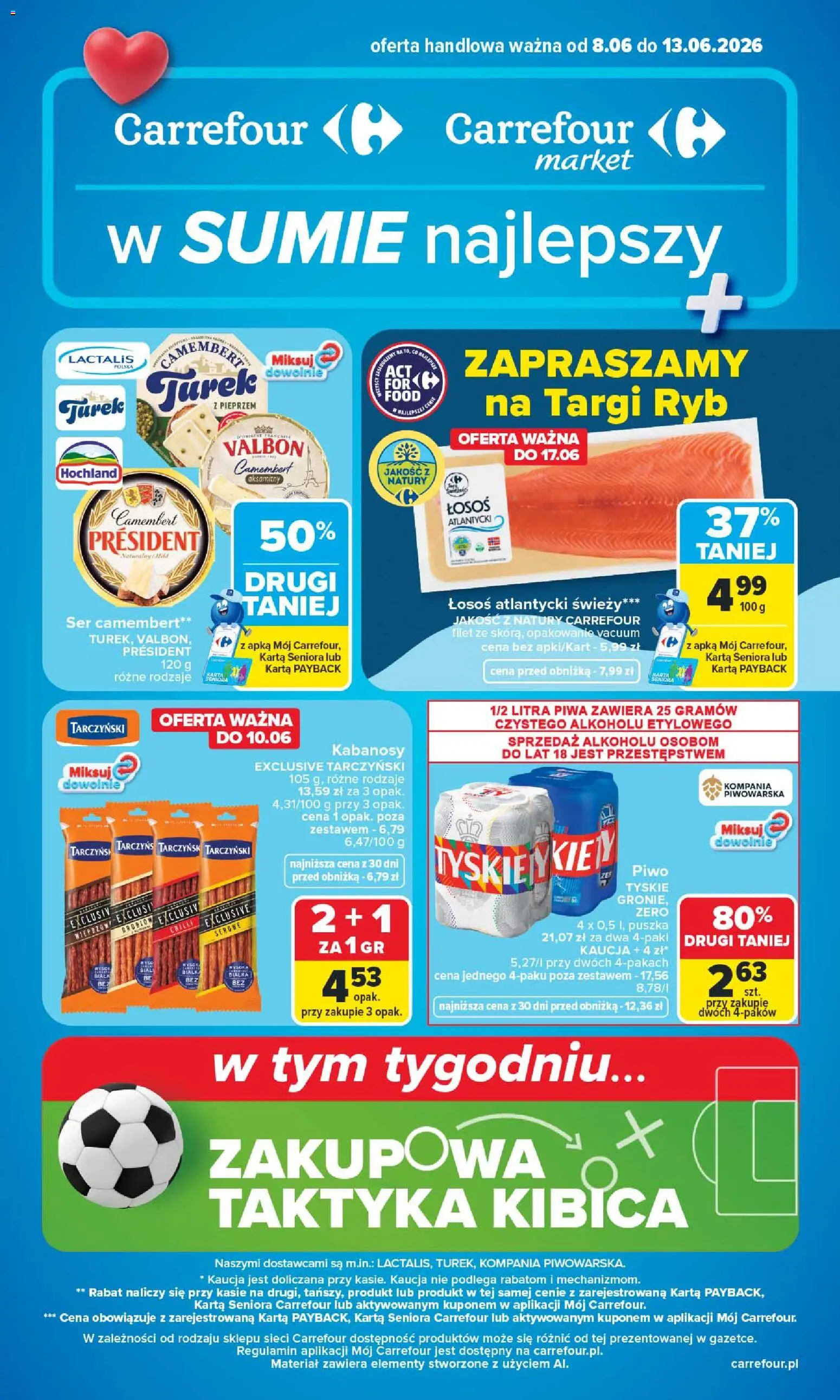 Carrefour gazetka od 08.06.2026 | Strona: 1 | Produkty: Karta, Kabanosy, Camembert, Tyskie