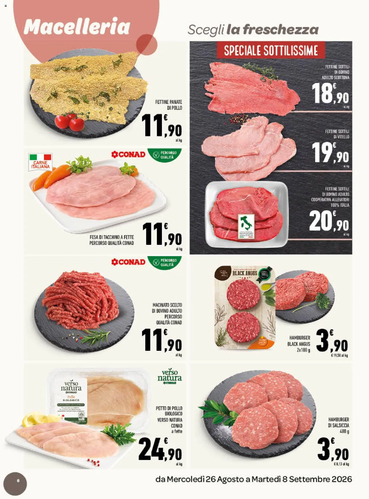 Volantino Conad del 26/08/2026 | Pagina: 8 | Prodotti: Pollo, Salsiccia, Vitello, Hamburger